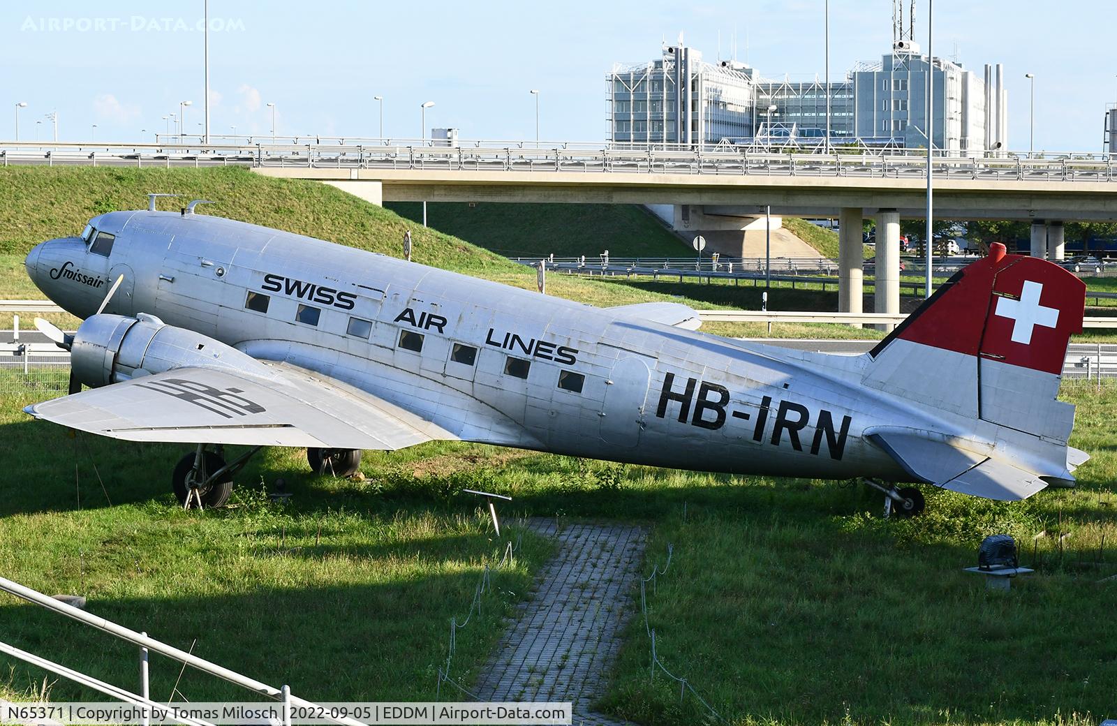 N65371, 1941 Douglas c-53B C/N 4828, Ex 41-20058, ex NC34989, ex OY-DCA, ex OY-KLE, ex OH-VKA, ex LN-KLV. Displayed at Munich airport visitor park with fake registration HB-IRN and fake Swissair livery. The real HB-IRN is on display in the Swiss Museum of Transport in Lucerne.