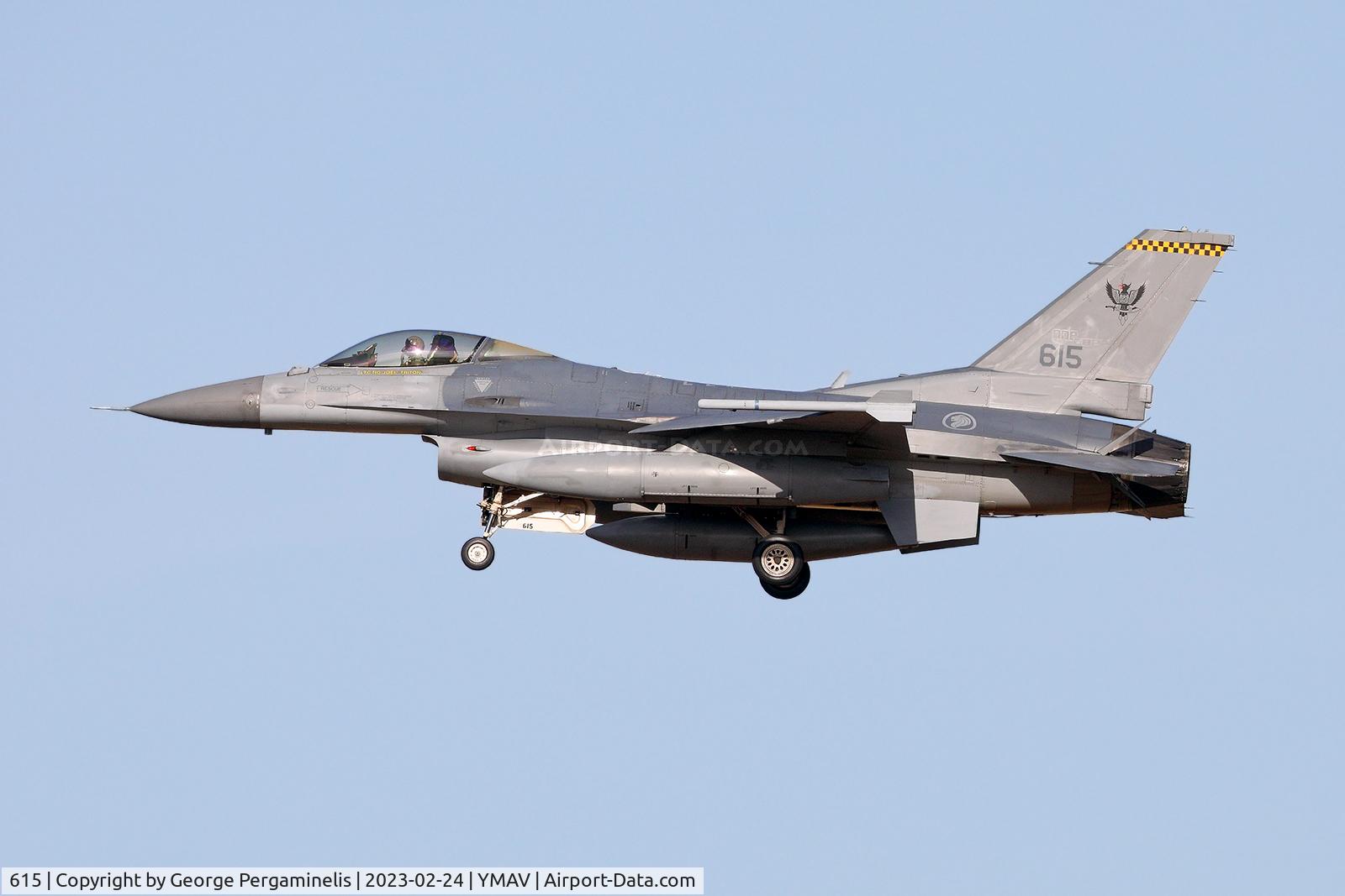 615, 1999 Lockheed Martin F-16D Fighting Falcon C/N XM-16, Arriving for the Australian International Airshow 2023.