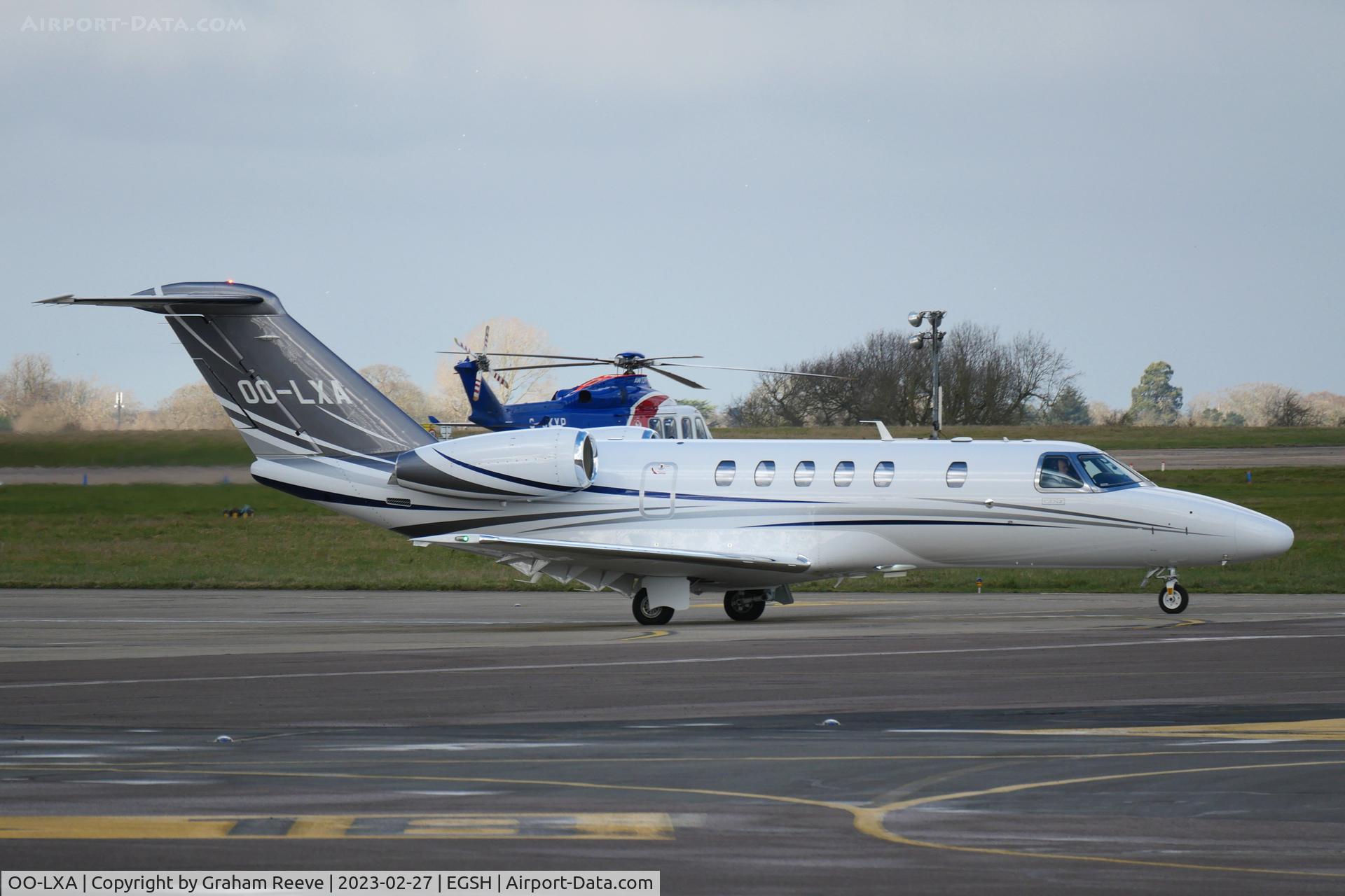 OO-LXA, 2022 Cessna 525C CitationJet CJ4 CitationJet CJ4 C/N 525C-0396, Departing from Norwich.