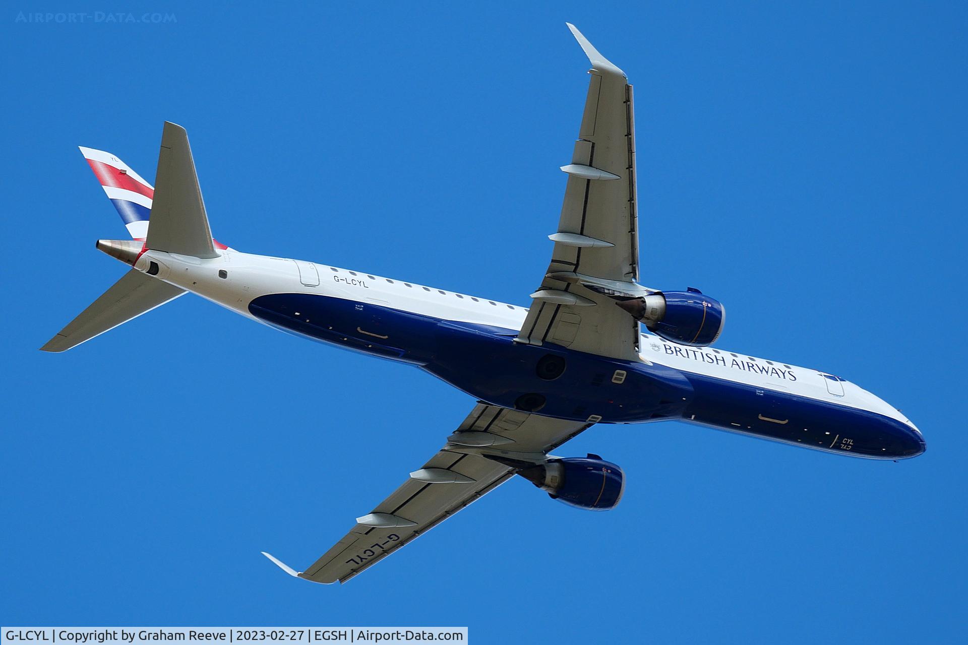G-LCYL, 2010 Embraer 190SR (ERJ-190-100SR) C/N 19000346, Departing from Norwich.