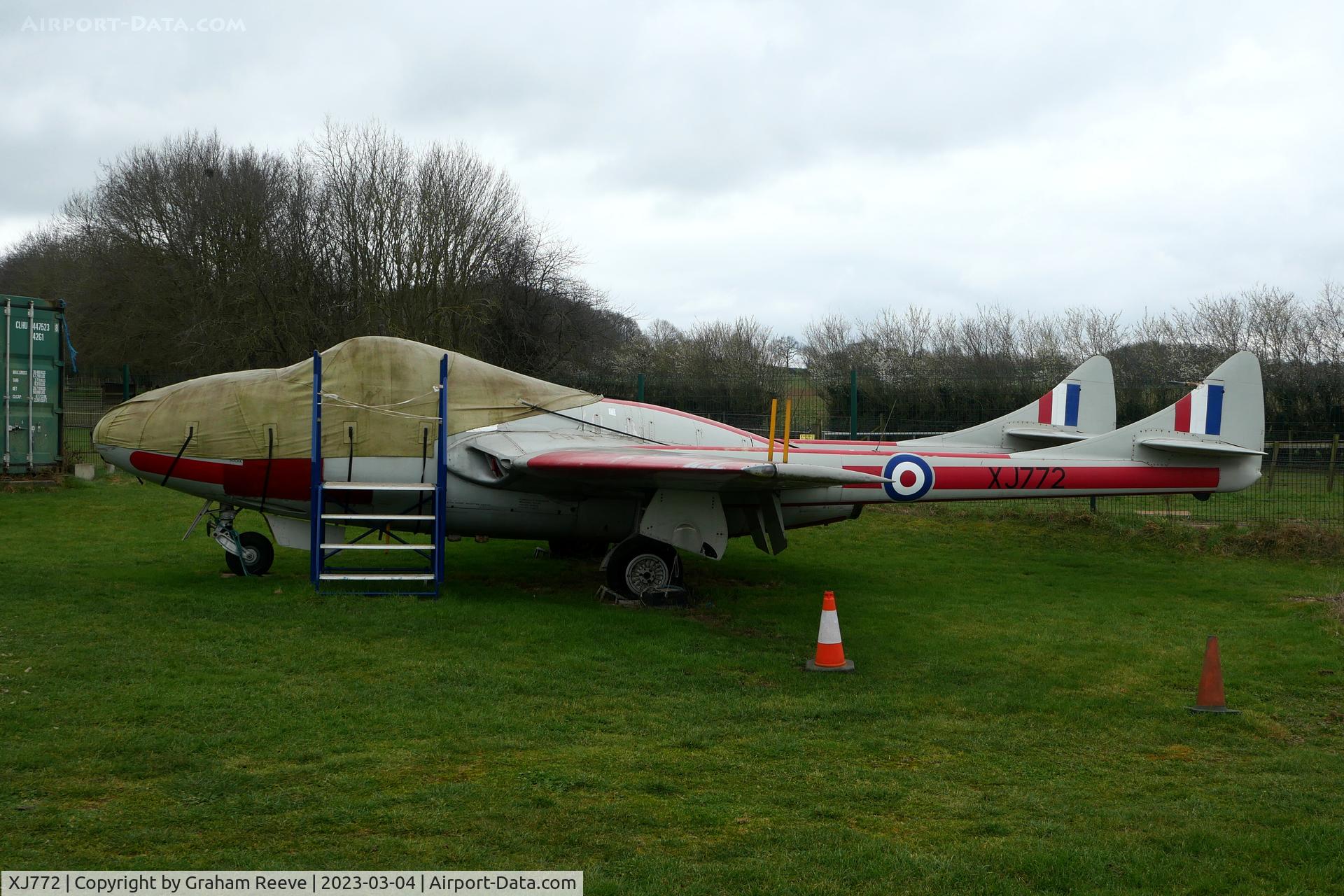 XJ772, De Havilland DH-115 Vampire T.11 C/N 15018, On display at the De Havilland Museum, London Colney.