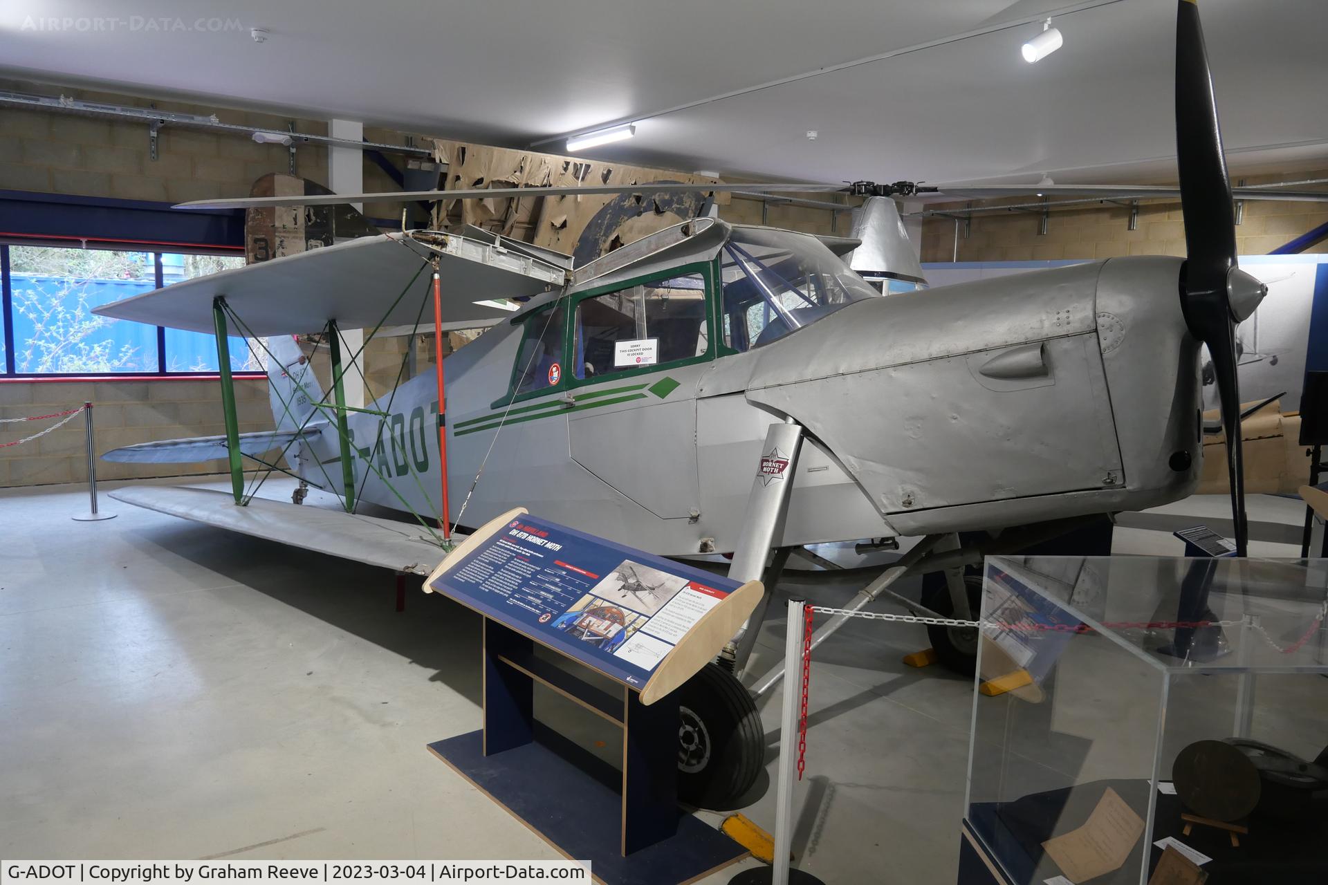 G-ADOT, De Havilland DH.87B Hornet Moth C/N 8027, On display at the De Havilland Museum, London Colney.