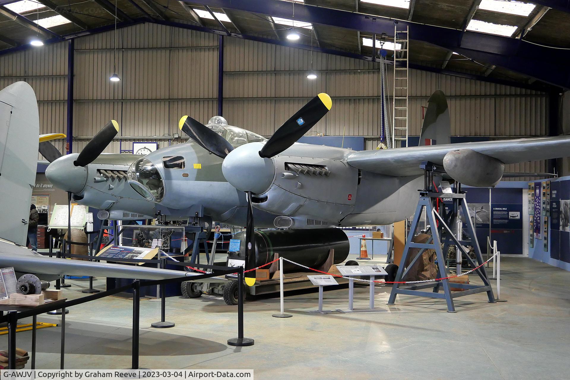G-AWJV, De Havilland DH-98 Mosquito TT.35 C/N Not found G-AWJV, On display at the De Havilland Museum, London Colney.