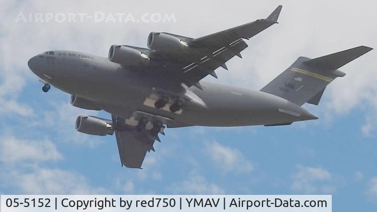 05-5152, 2005 Boeing C-17A Globemaster III C/N F-159/P-152, Globemaster at Avalon Air Show. Still from a video.