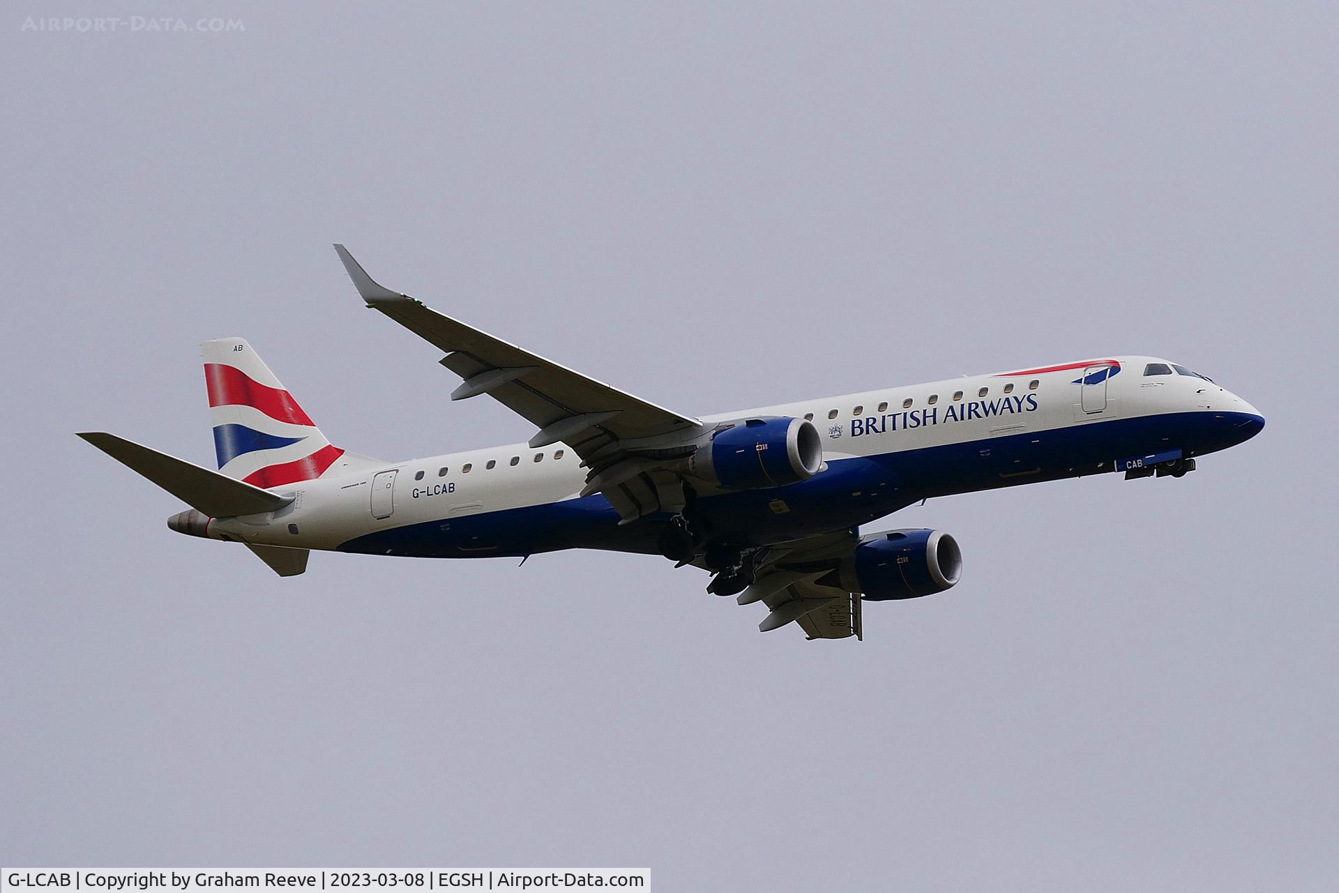 G-LCAB, 2011 Embraer 190SR (ERJ-190-100SR) C/N 19000465, Departing from Norwich.