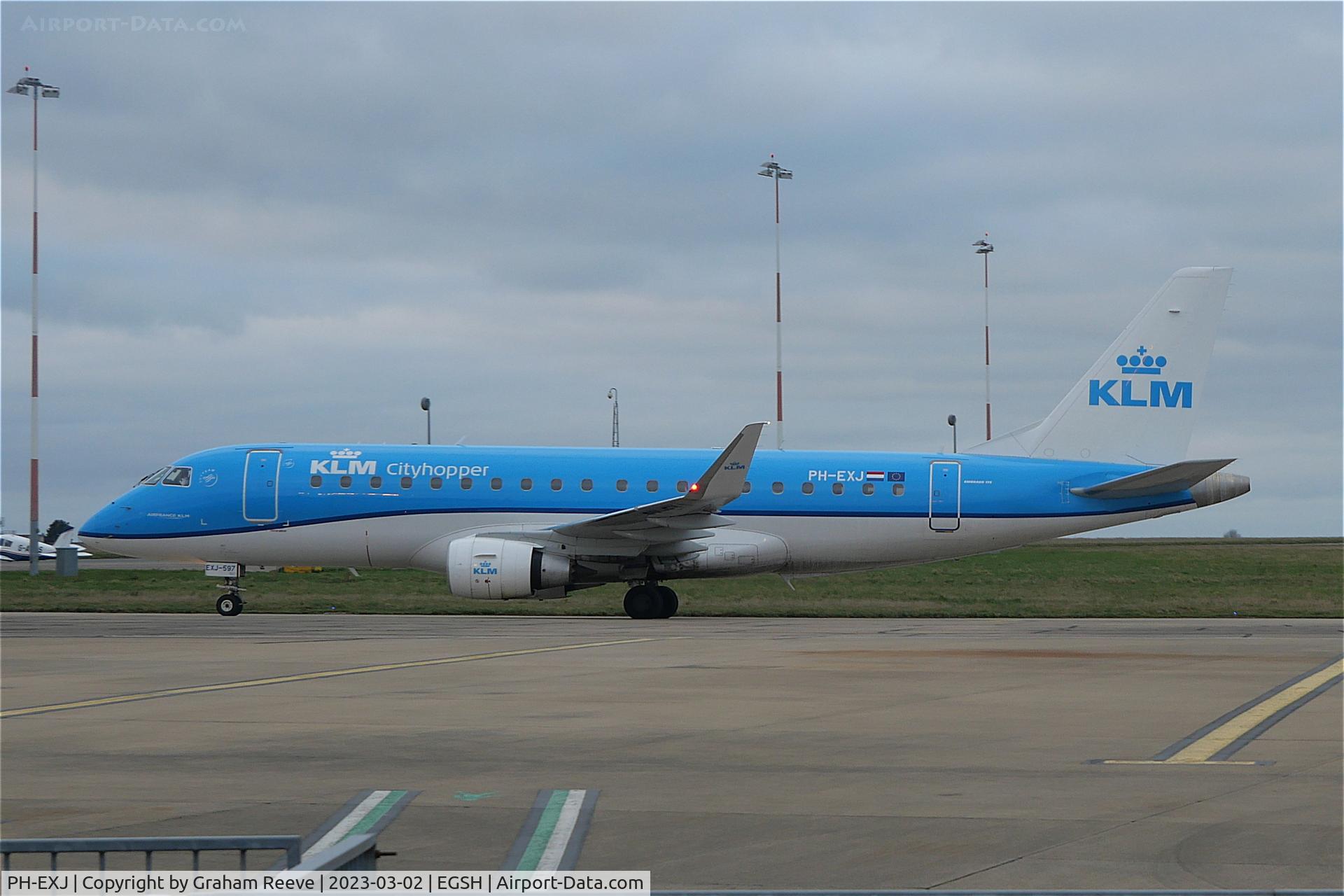 PH-EXJ, 2016 Embraer 175LR (ERJ-170-200LR) C/N 17000597, Just landed at Norwich.
