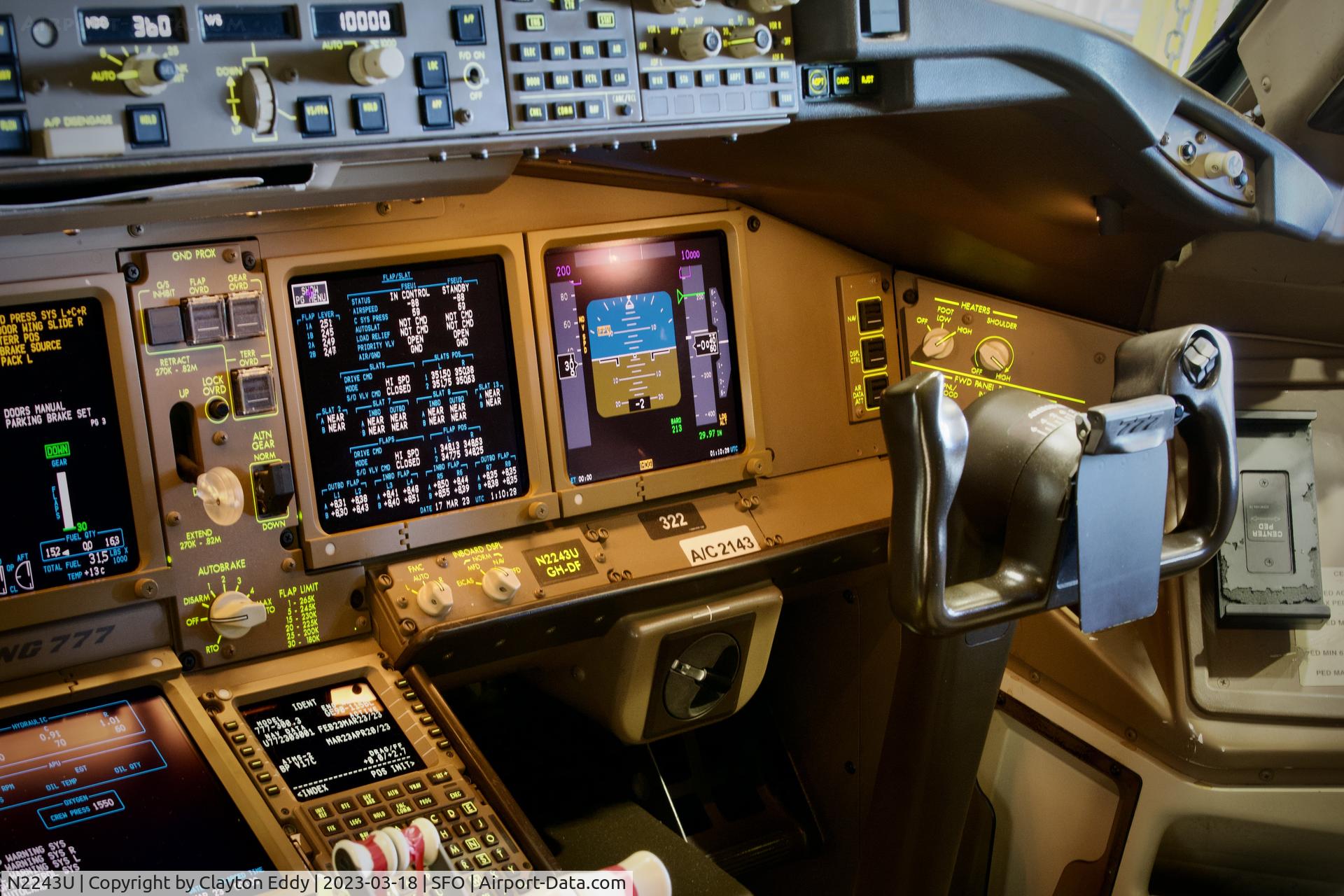 N2243U, 2017 Boeing 777-300/ER C/N 63723, Flightdeck SFO 2023.