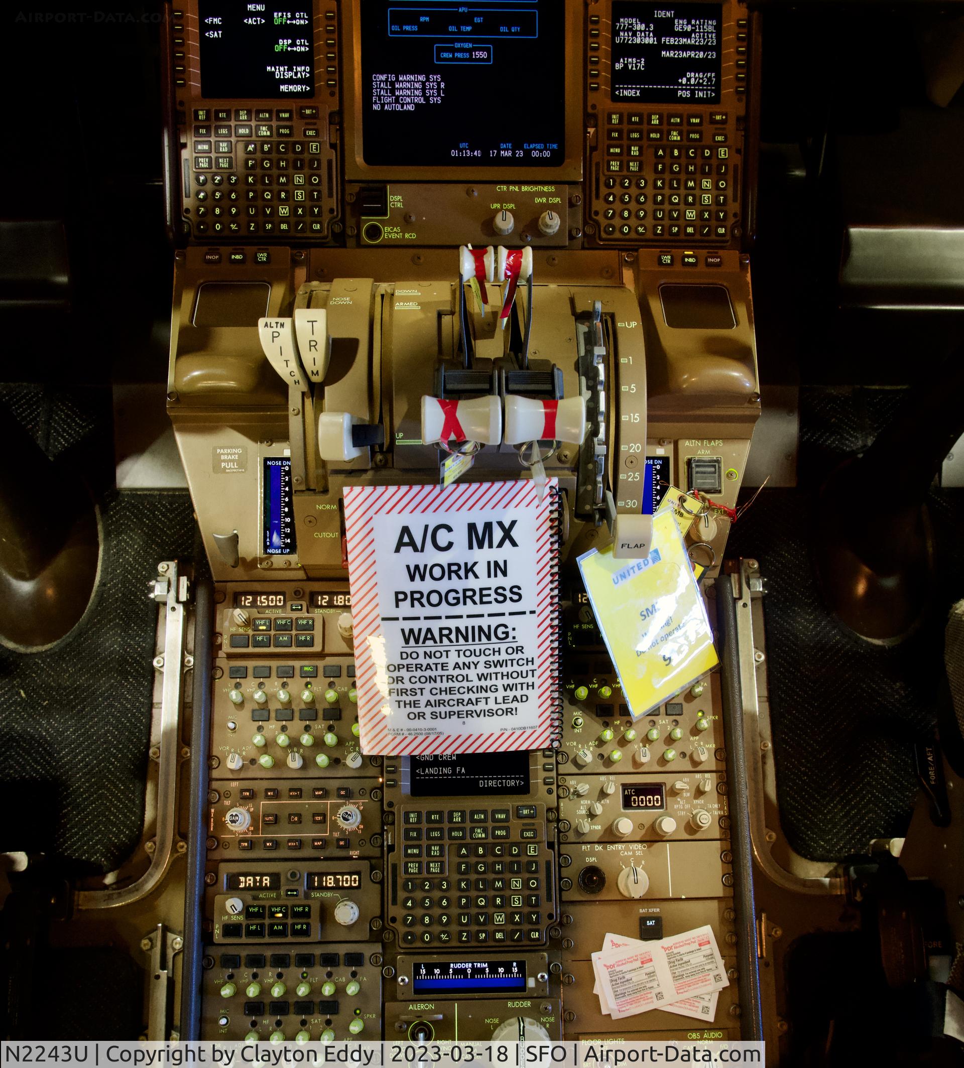 N2243U, 2017 Boeing 777-300/ER C/N 63723, Center console SFO 2023.
