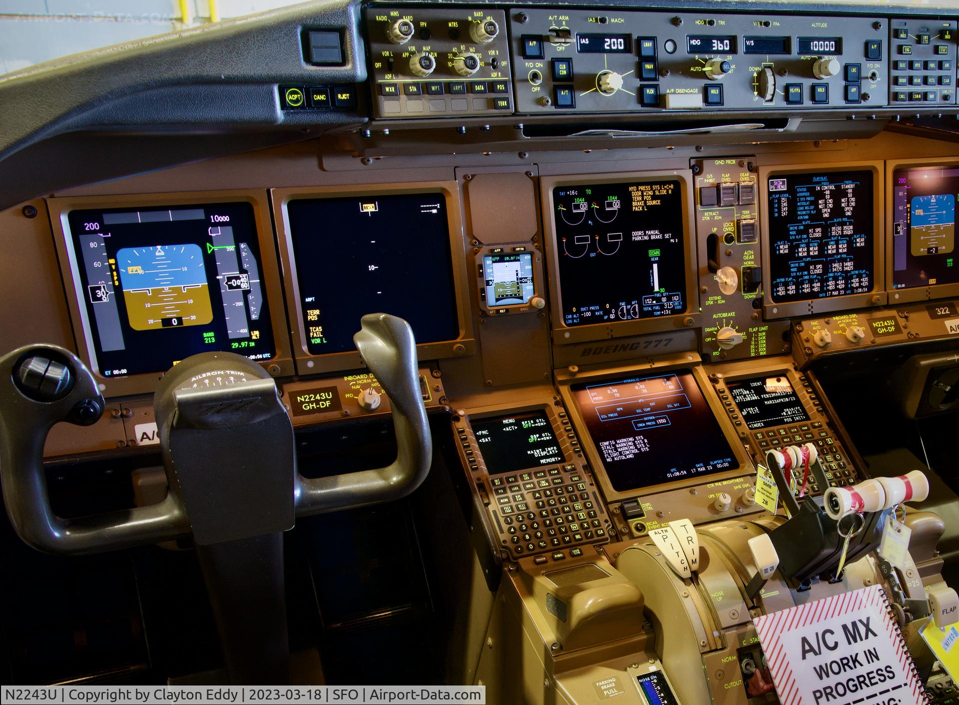N2243U, 2017 Boeing 777-300/ER C/N 63723, Flightdeck SFO 2023.