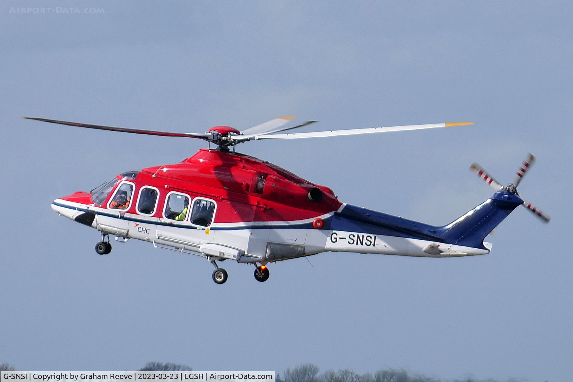 G-SNSI, 2013 AgustaWestland AW-139 C/N 31479, Landing at Norwich.