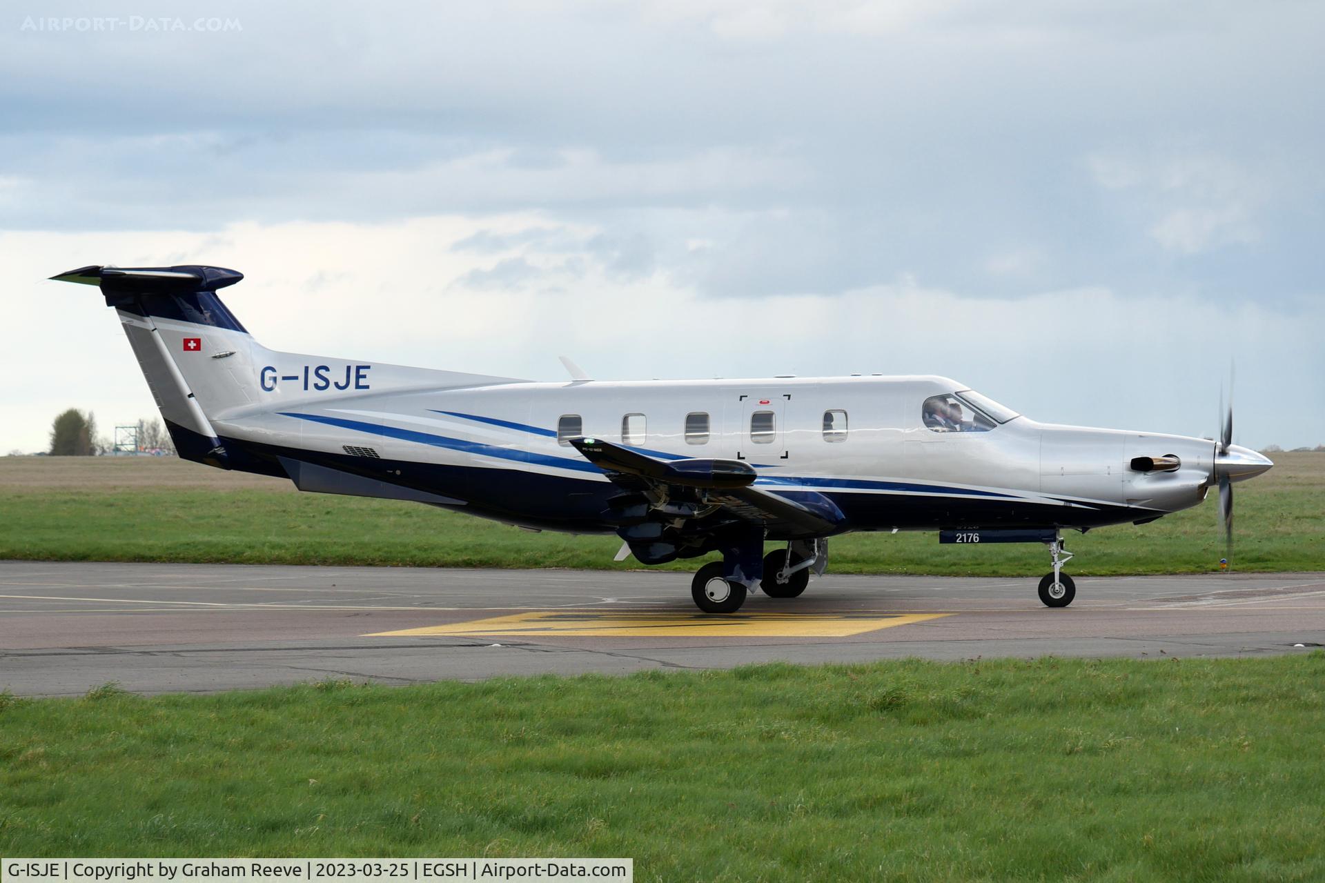 G-ISJE, 2022 Pilatus PC-12/47E C/N 2176, Departing from Norwich.
