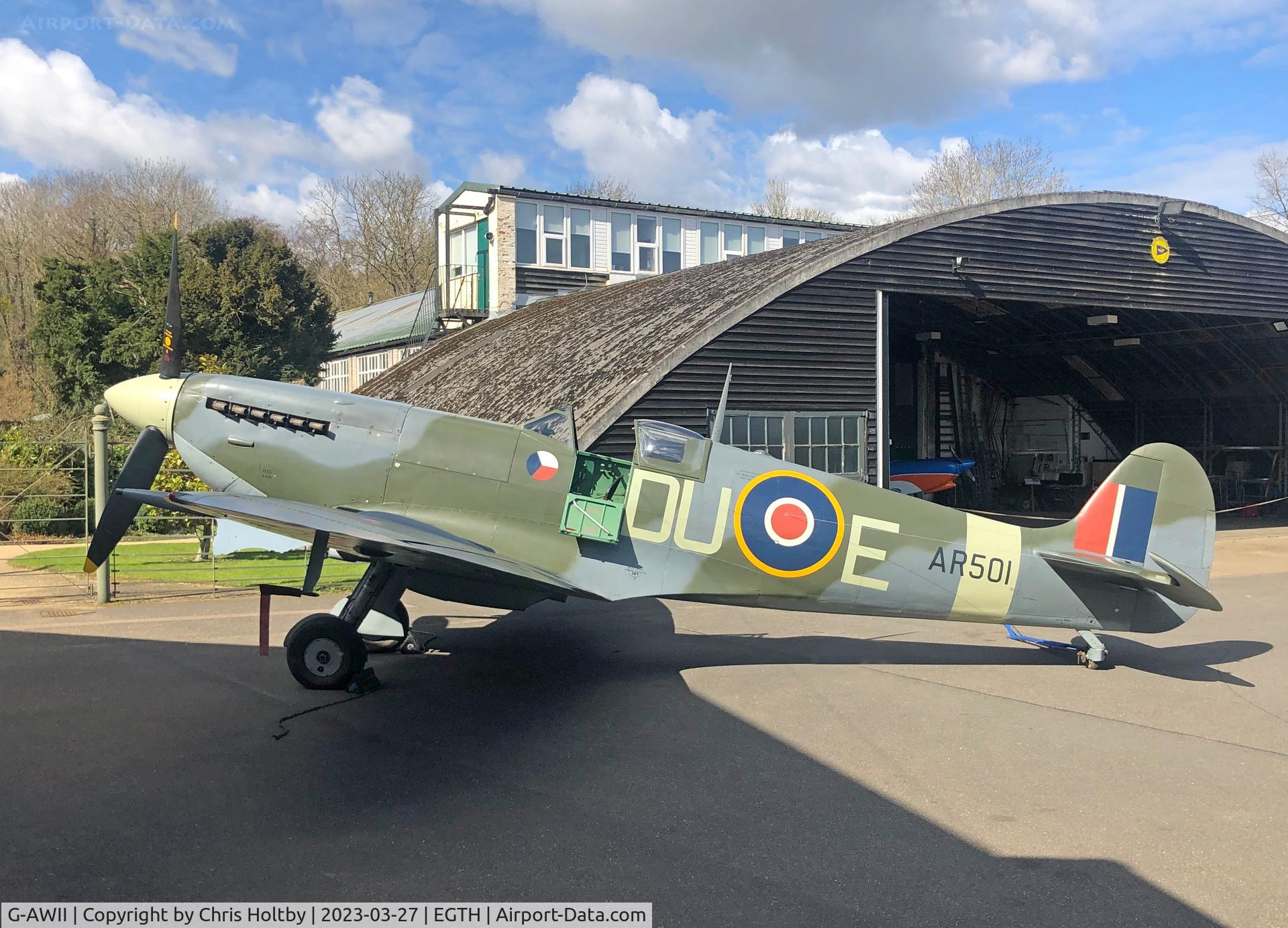 G-AWII, 1942 Supermarine 349 Spitfire LF.Vc C/N WASP/20/223, Wheeled out in front of the engineering hangar to welcome visitors back to the Old Warden cafe & shop (free of charge at last!).