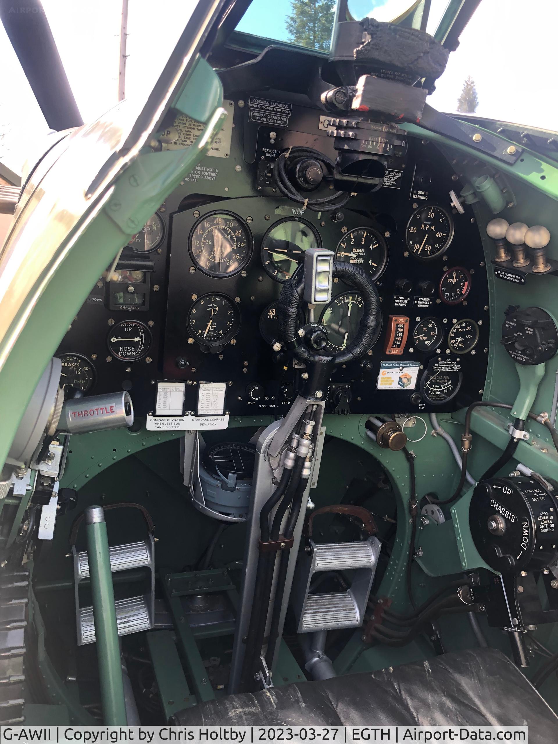G-AWII, 1942 Supermarine 349 Spitfire LF.Vc C/N WASP/20/223, Cockpit view of Spitfire on display at Old Warden
