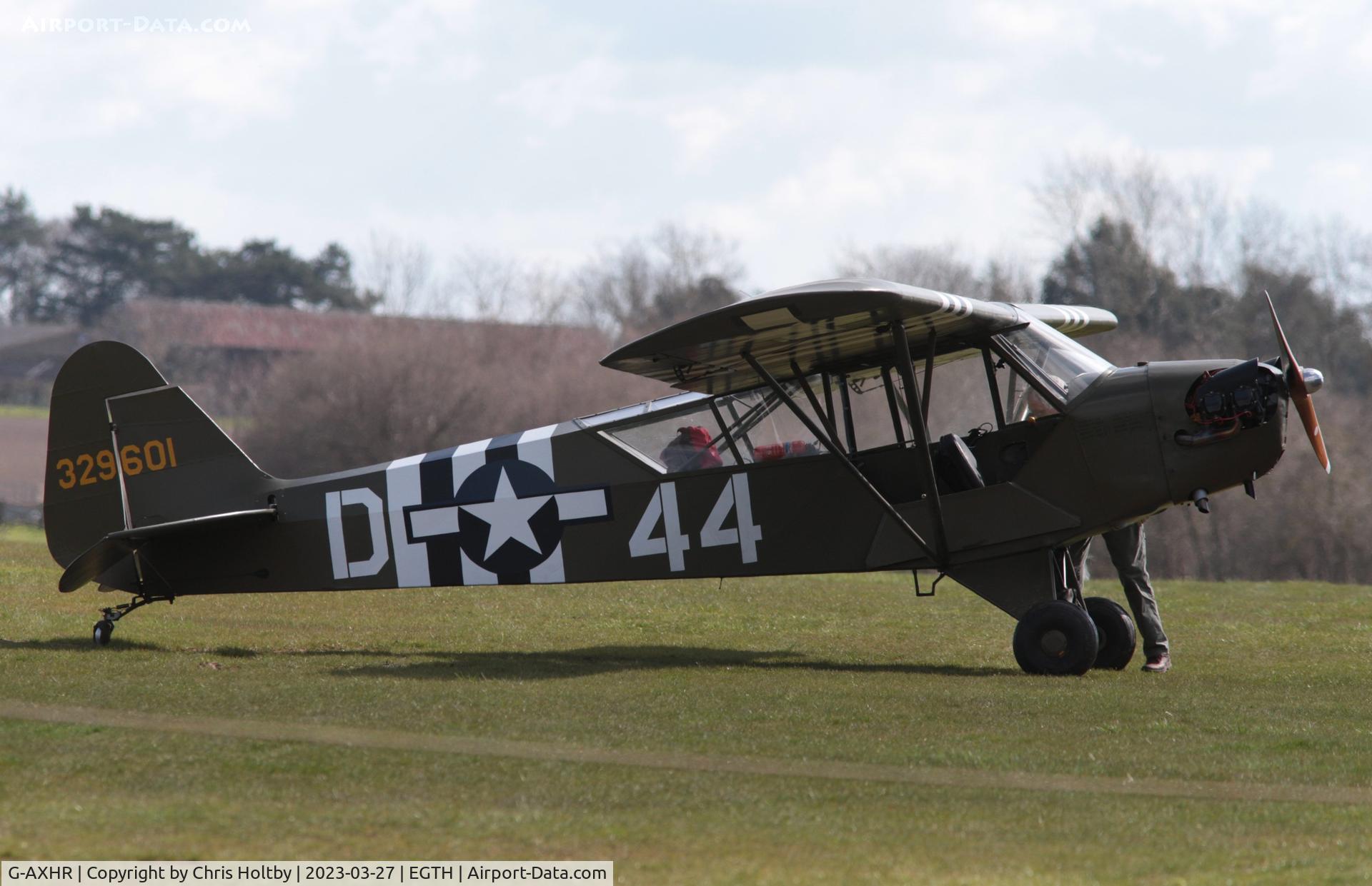 G-AXHR, 1943 Piper L-4H Grasshopper (J3C-65D) C/N 10892, Parked having just landed at Old Warden Airfield, Beds.