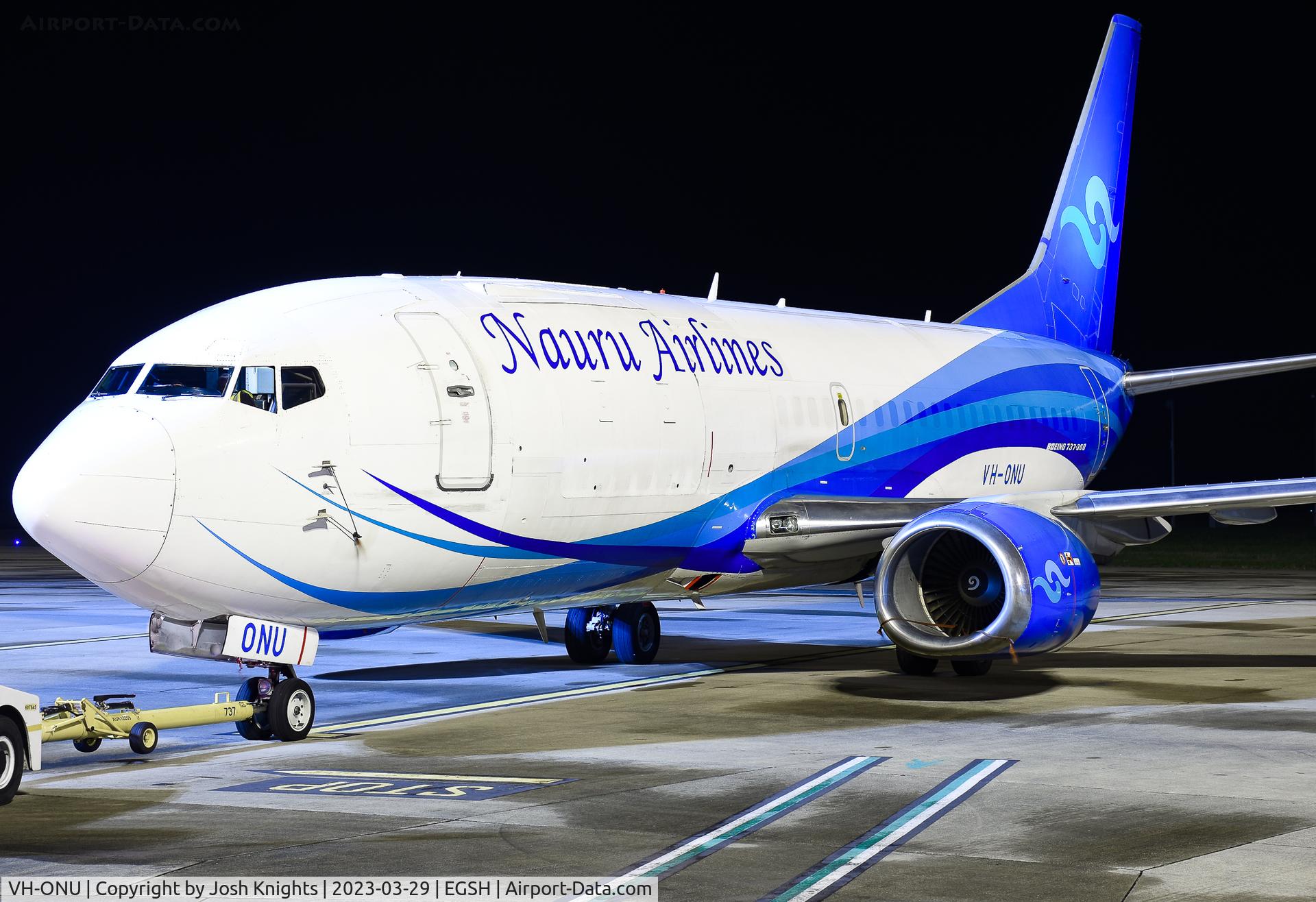 VH-ONU, 1998 Boeing 737-3U3 C/N 28732, VH-ONU On Stand This Evening, Ready To Be Tugged to the KLMUK Engingeering Apron After Arrival From Larnaca - The Final Leg of 7, Originating in Nauru.