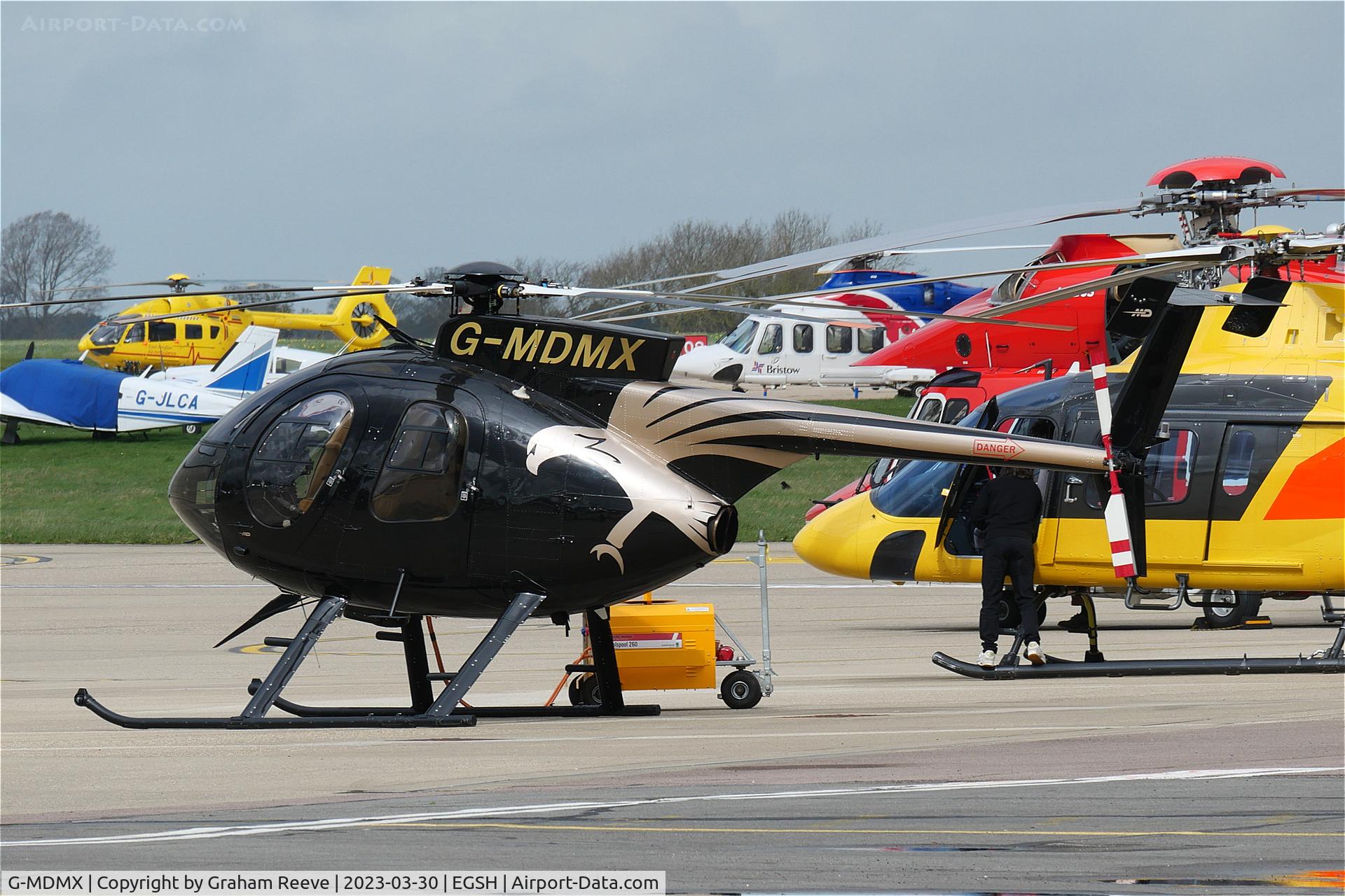 G-MDMX, 1990 McDonnell Douglas MD-500E (369E) C/N 0396E, Parked at Norwich.