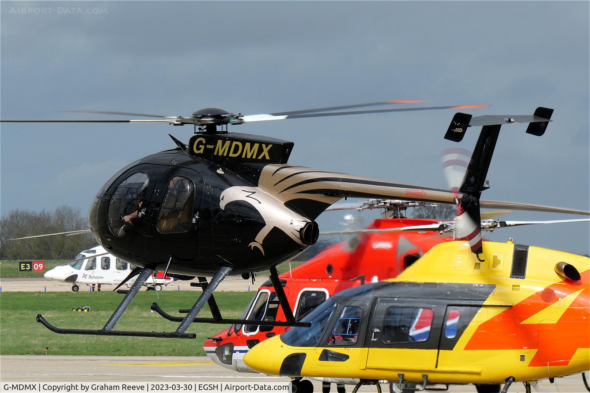 G-MDMX, 1990 McDonnell Douglas MD-500E (369E) C/N 0396E, Departing from Norwich.