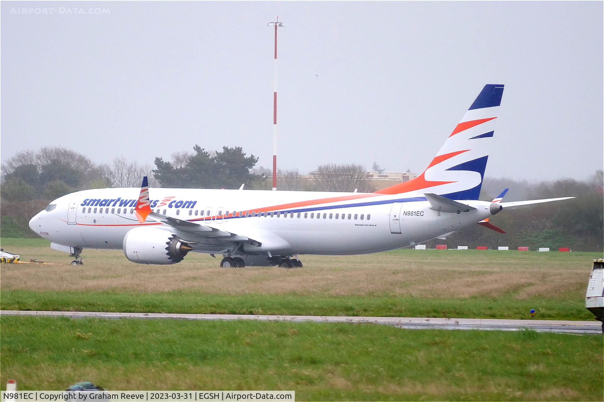 N981EC, 2019 Boeing 737-8 MAX C/N 43300, Under tow at Norwich.