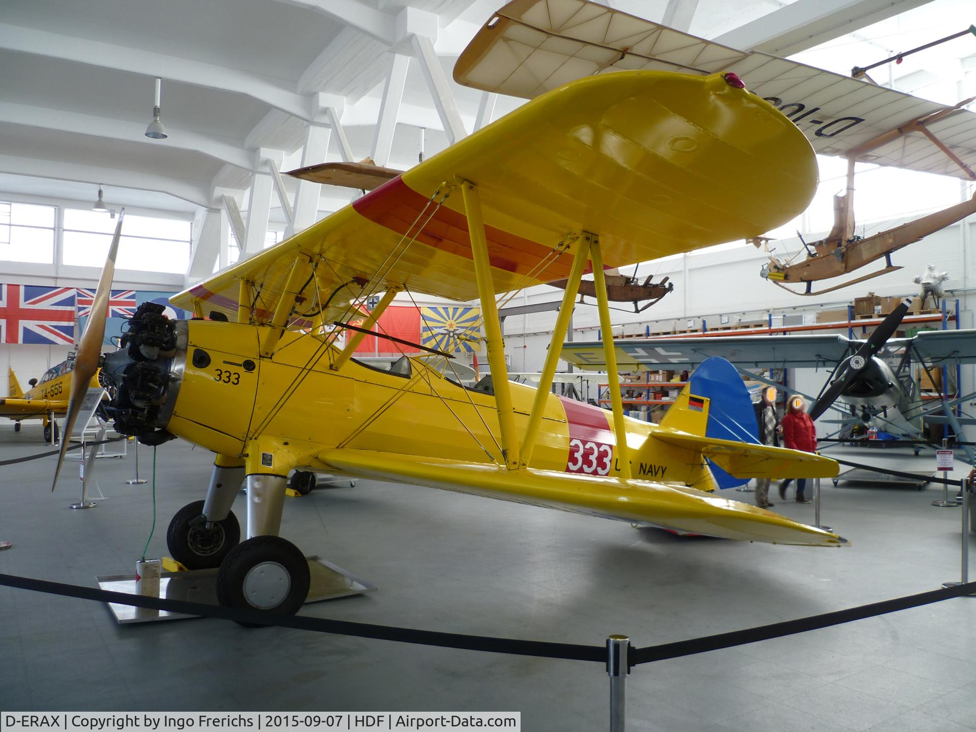 D-ERAX, 1941 Boeing A75N1 C/N 75-7073, Boeing Stearman D-ERAX in Hangar 10 Museum at Heringsdorf Airport (HDF/EDAH), Usedom Island, Germany.