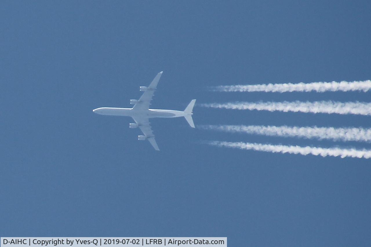 D-AIHC, 2003 Airbus A340-642 C/N 523, Airbus A340-642, flight over Brest-Bretagne airport (LFRB-BES)