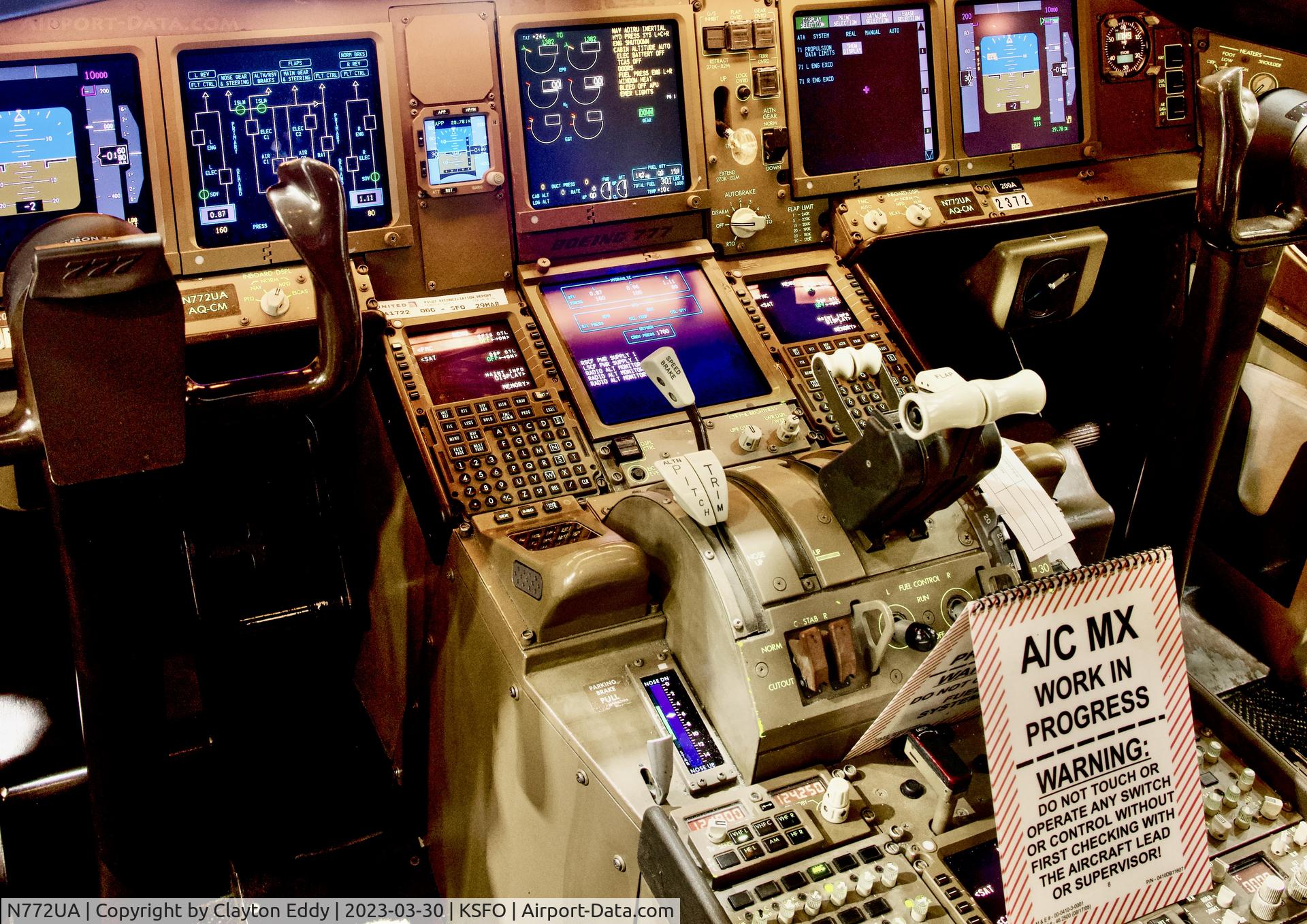 N772UA, 1995 Boeing 777-222 C/N 26930, Flightdeck. SFOI 2023.