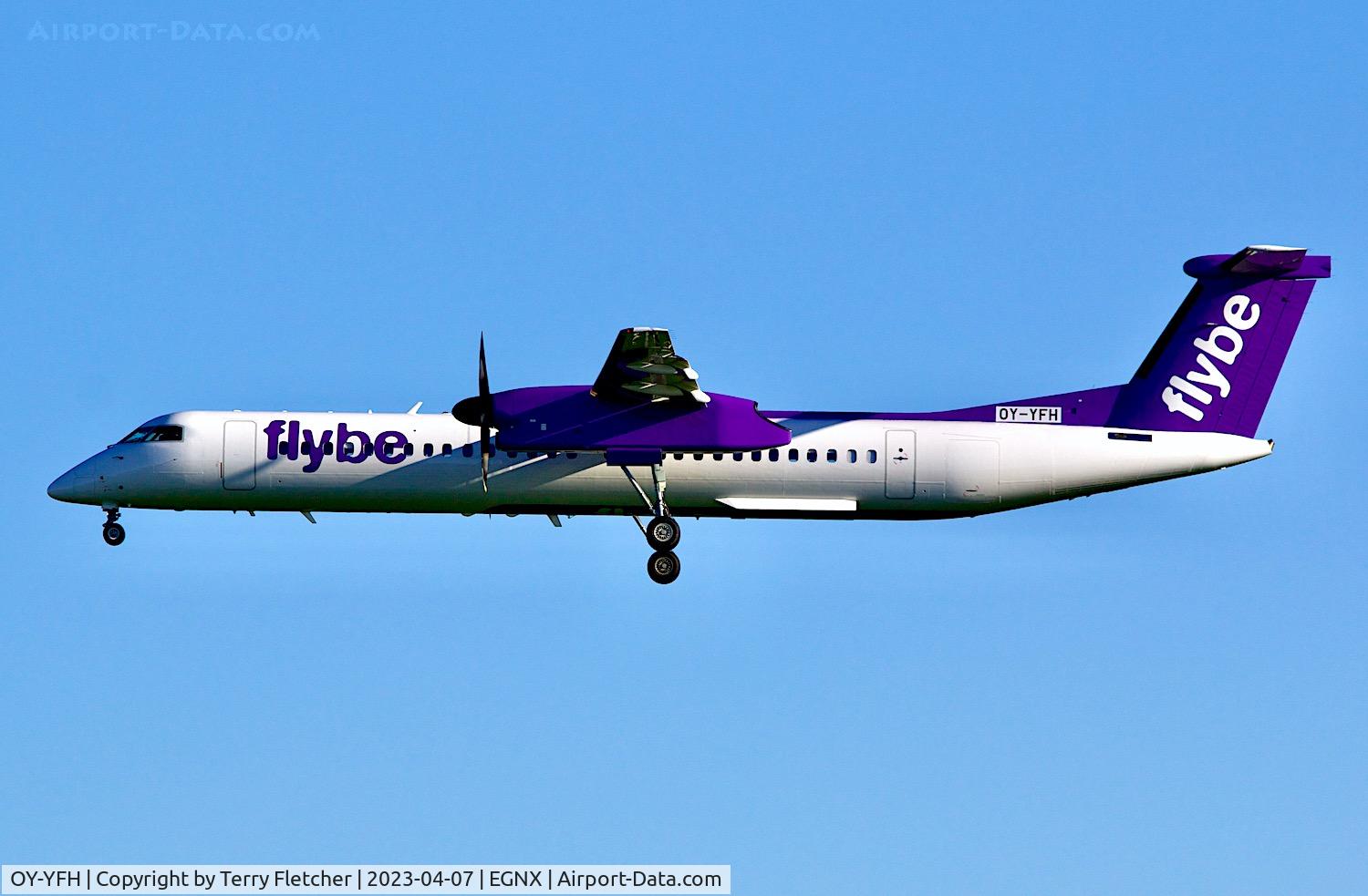 OY-YFH, Bombardier Dash 8-Q-402 C/N 4289, Arriving at East Midlands from Exeter Airport - aircraft recently painted into FlyBE colours - before airline went into administration  - presumably being re-painted ?