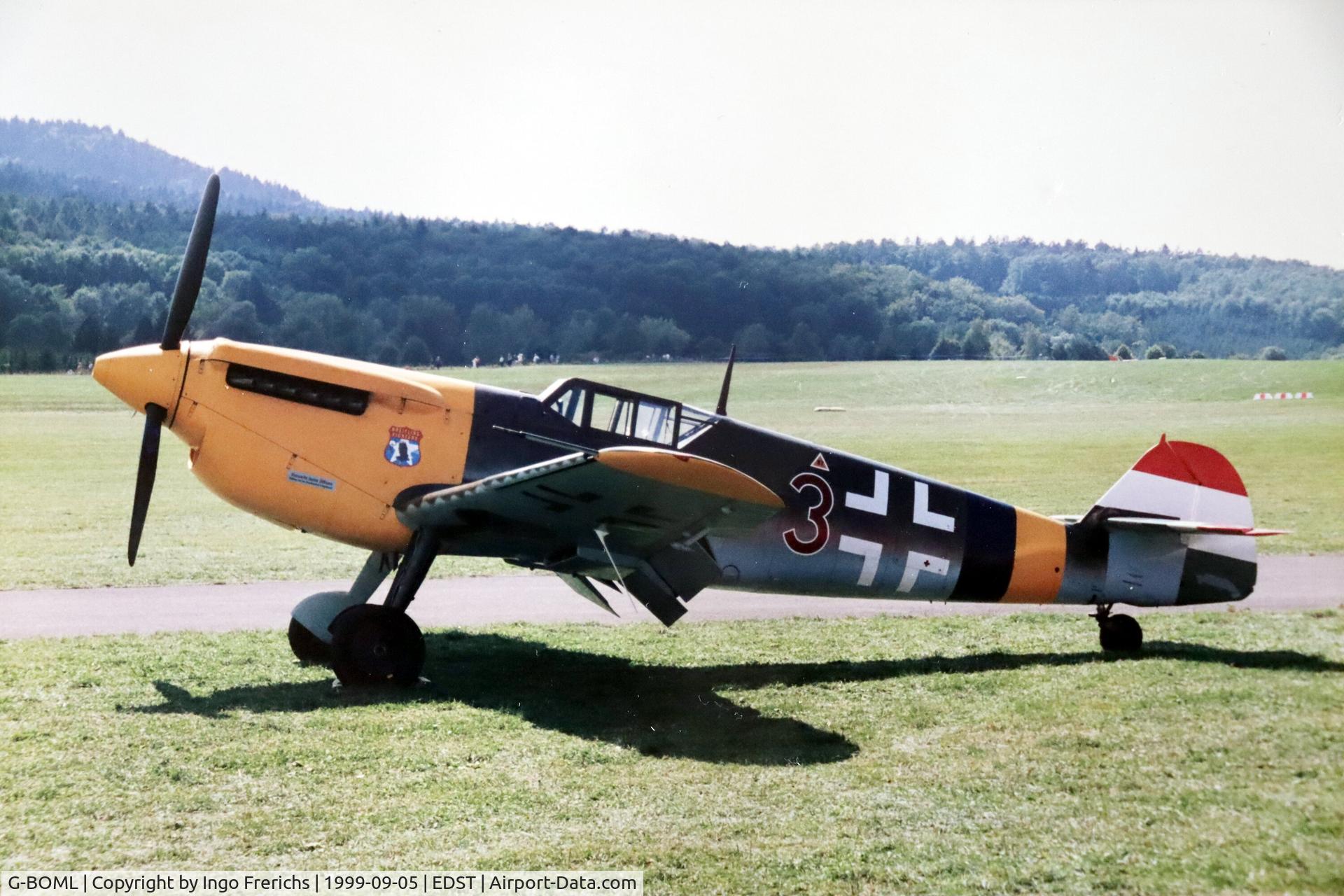 G-BOML, 1947 Hispano HA-1112-M1L Buchon C/N 151, G-BOML at Hahnweide airfield (EDST) near Kirchheim/Teck in Germany during OTT 1999.