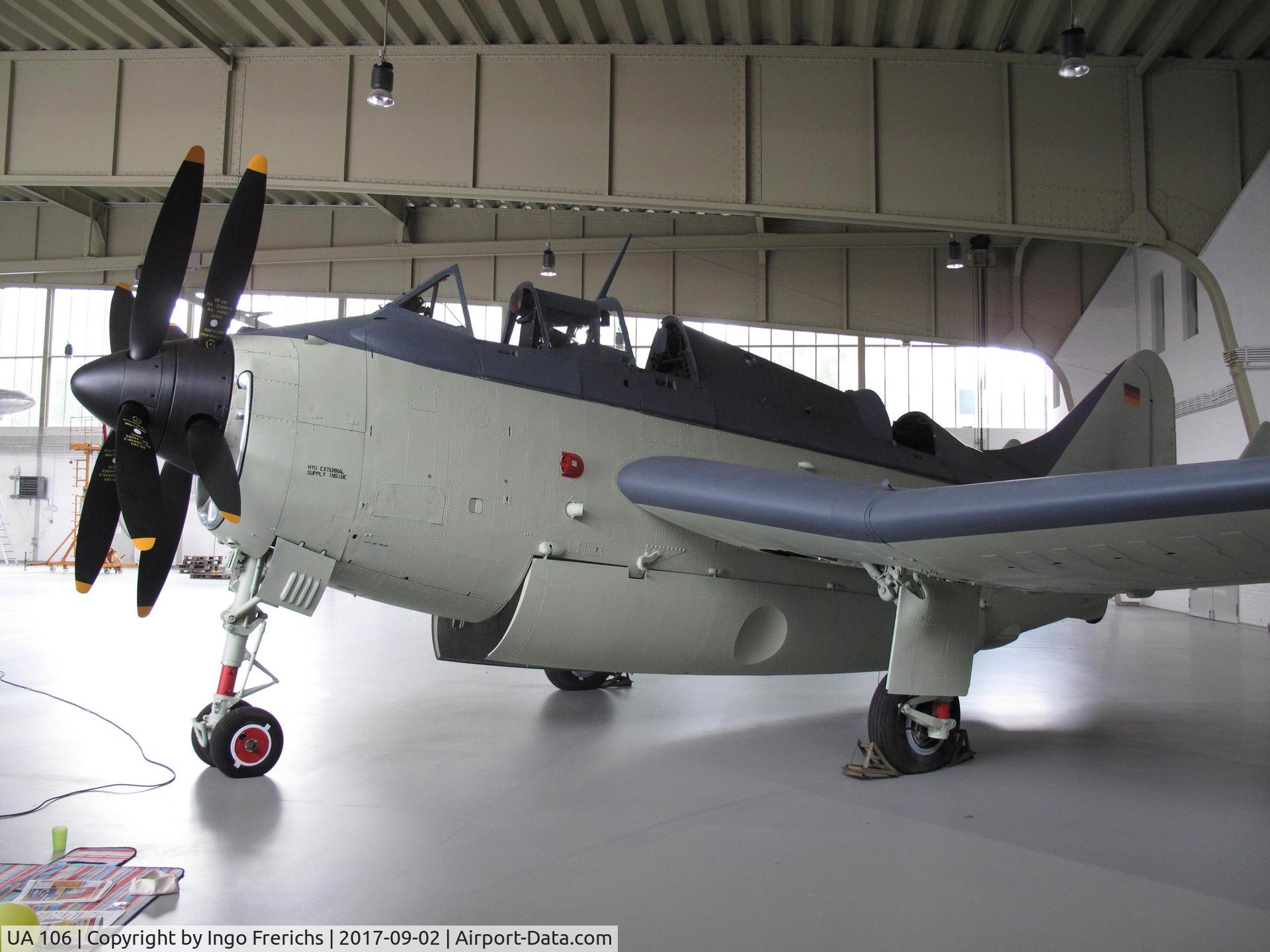 UA 106, Fairey Gannet AS.4 C/N F9391, Fairey Gannet UA 106 at Berlin-Gatow Hangar during restoration time in 2017. New tail number UA 110.