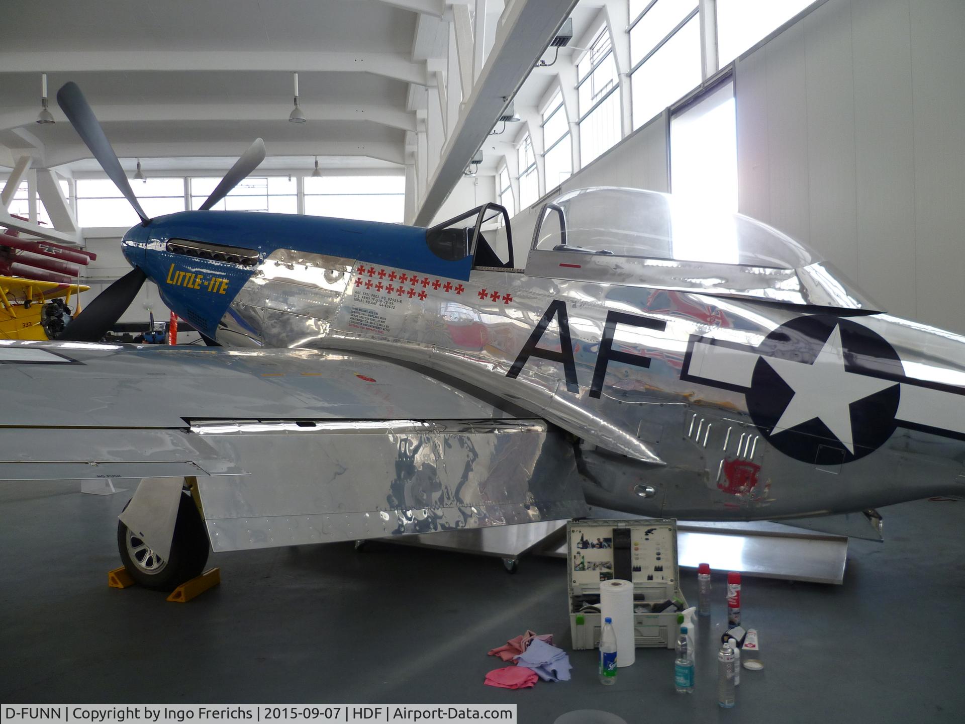 D-FUNN, 1944 North American TF-51D Mustang C/N 122-31199, D-FUNN in Hangar 10 at Heringsdorf Airport (HDF) / Usedom Island / Germany