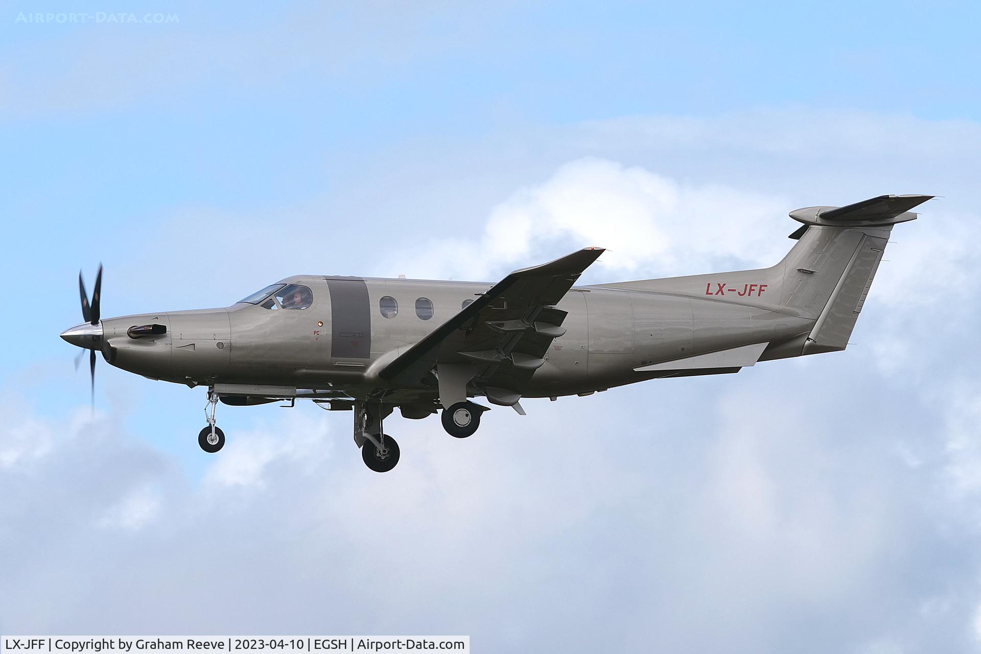 LX-JFF, 2018 Pilatus PC-12/47E C/N 1857, Landing at Norwich.