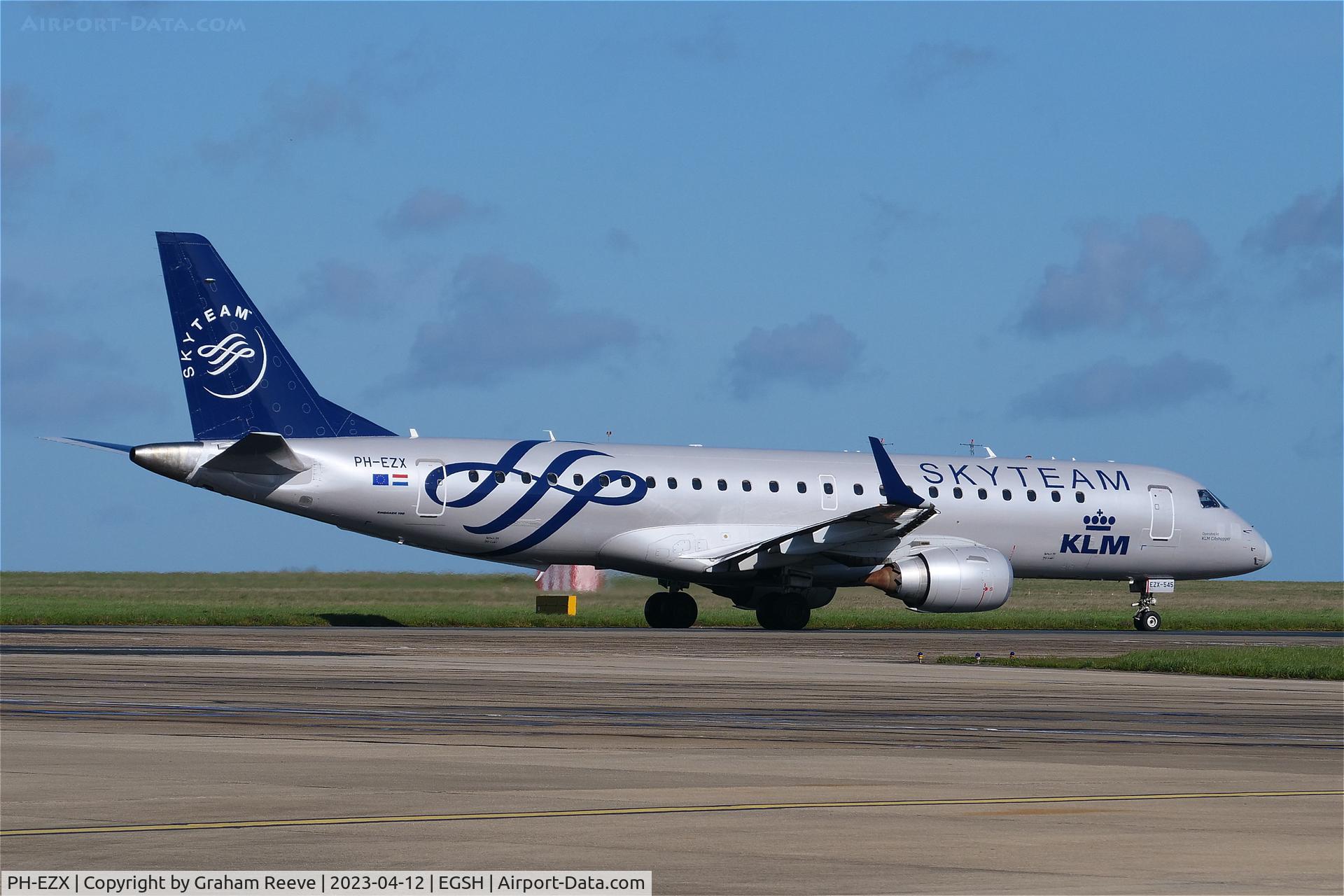 PH-EZX, 2012 Embraer 190LR (ERJ-190-100LR) C/N 19000545, Departing from Norwich.