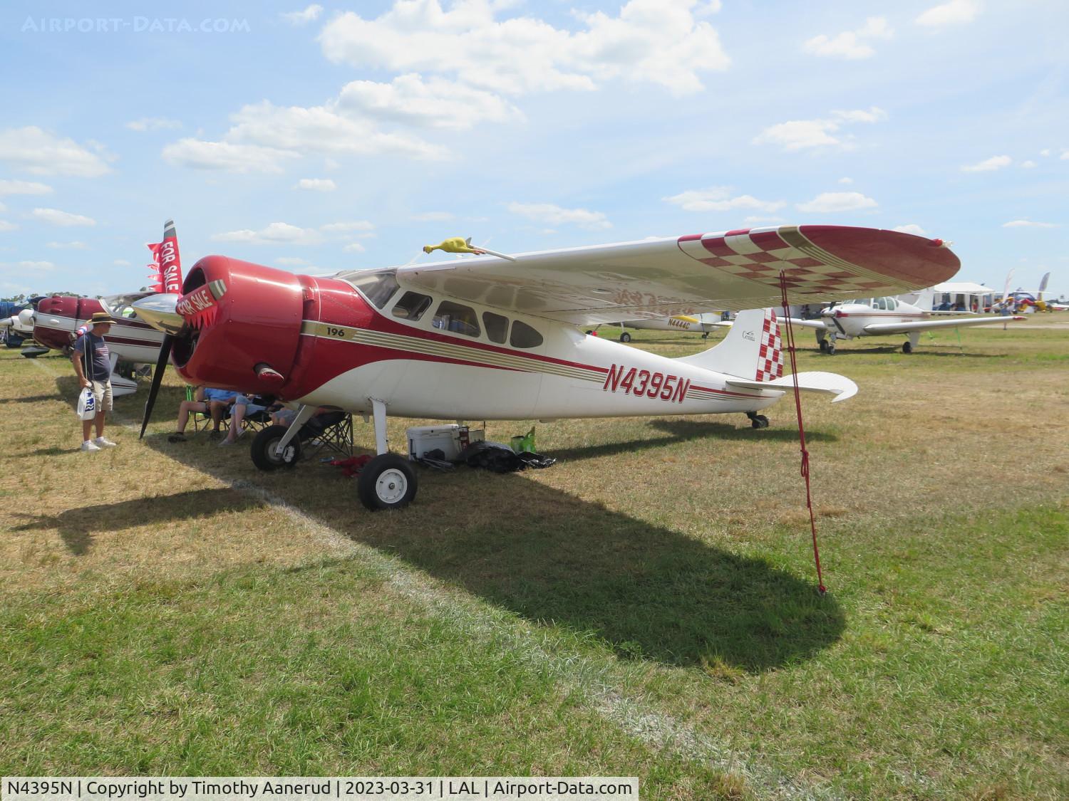 N4395N, 1947 Cessna 195 C/N 7010, 1947 Cessna 195, c/n: 7010, marked as a 196.  It has a cowling with no bumps because it has a Pratt & Whitney R-985 instead of a Jacobs R-755. Sun 'n Fun 2023