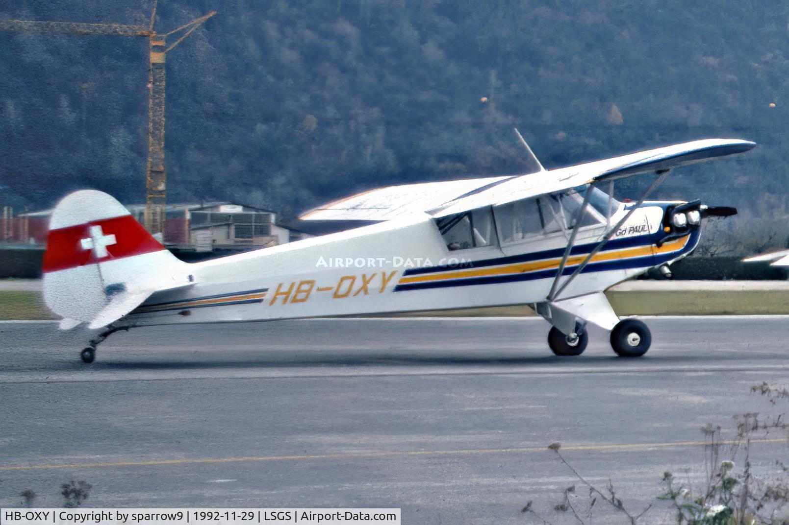 HB-OXY, 1945 Piper L-4J Grasshopper (J3C-65D) C/N 12223, At Sion. Scanned and cropped from a slide. Correct serial number    13223(Baugher)