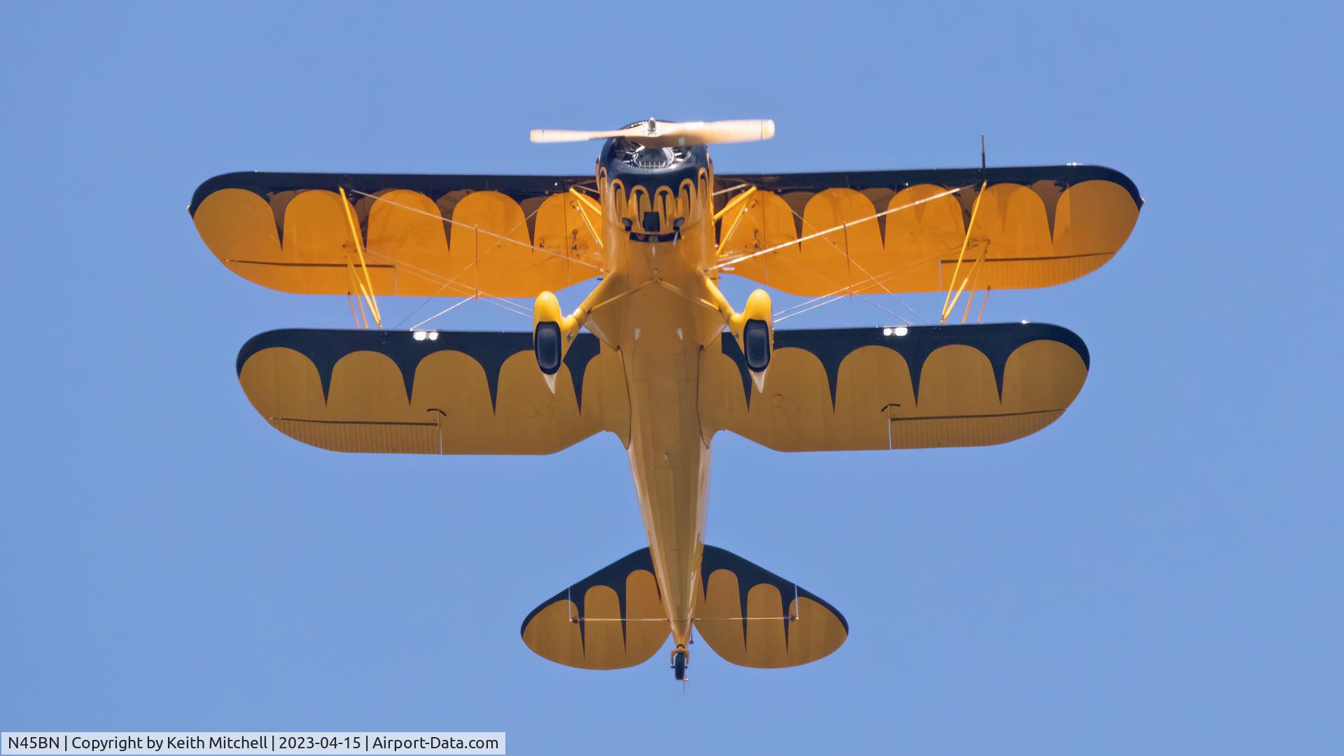 N45BN, 2012 Waco YMF-F5C C/N F5C-8-130, Overhead at Ravenstone, North Bucks, UK, at 3:17pm, shortly before landing.