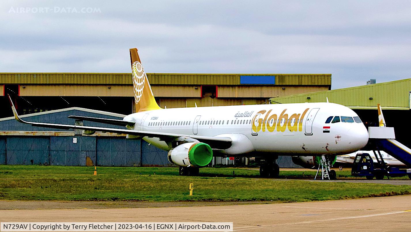 N729AV, 2014 Airbus A321-231 C/N 6399, An ex Avianca Airbus at East Midlands Airport painted in the colours of new Iraqi airline , Global