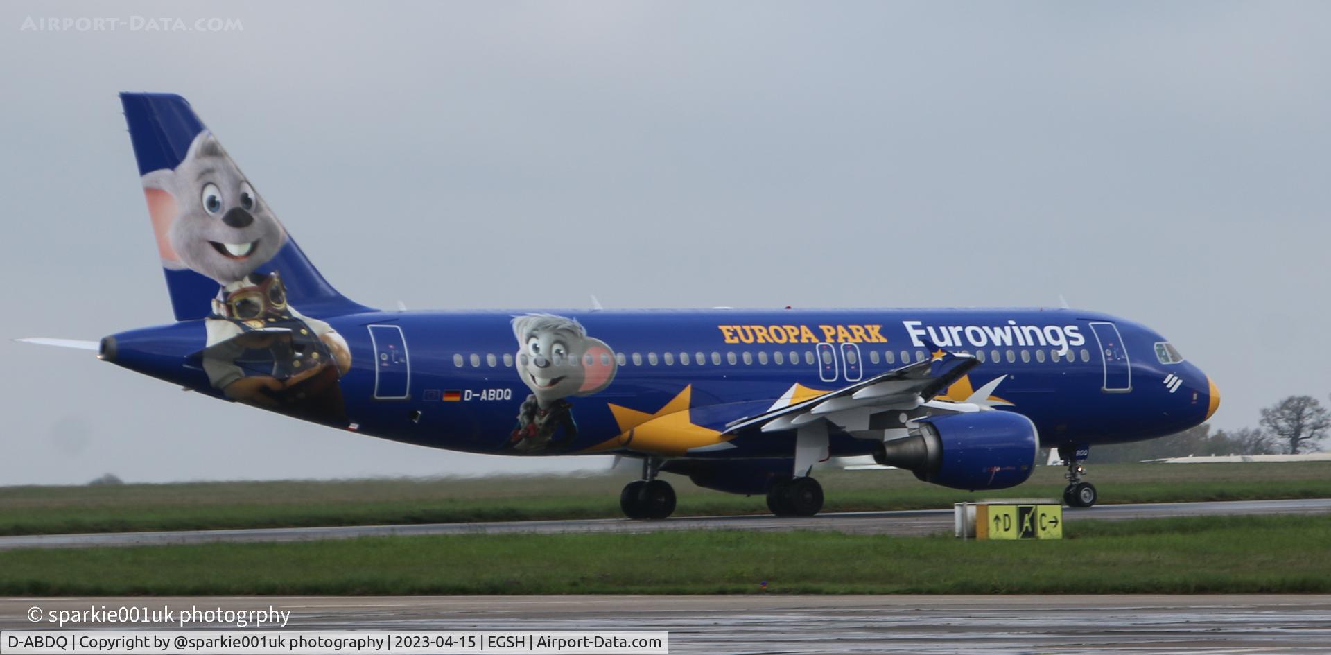 D-ABDQ, 2007 Airbus A320-214 C/N 3121, Departing Norwich following a refresh on the Europa Park livery