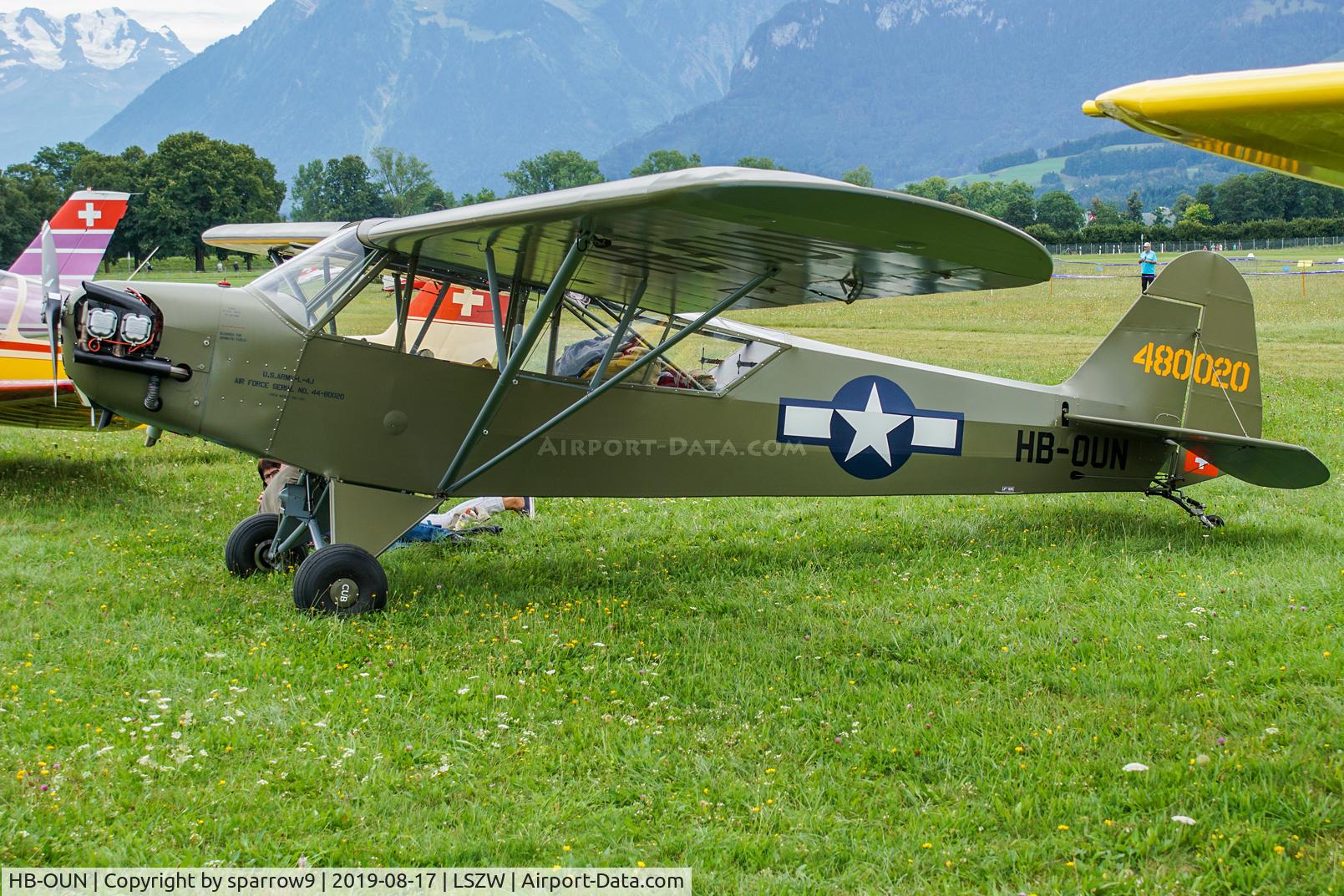 HB-OUN, 1944 Piper L-4H Grasshopper (J3C-65D) C/N 12316, At Thun. HB-registered from 1946-08-16 til 2014-11-26 and again since 2017-06-28