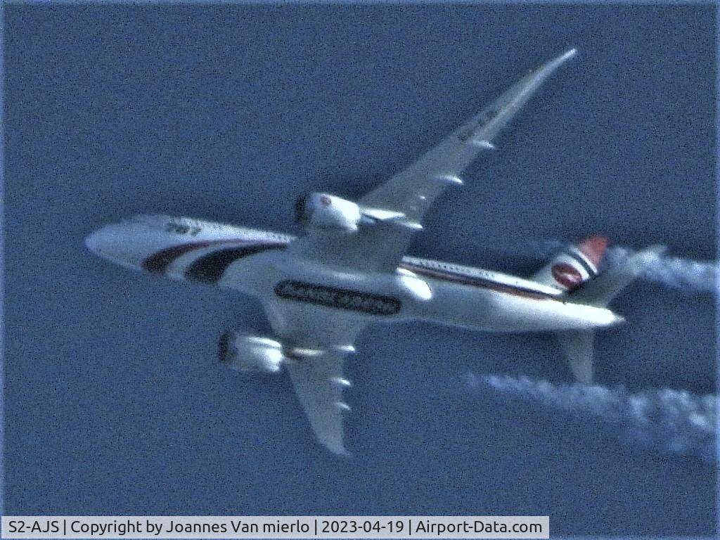 S2-AJS, 2018 Boeing 787-8 Dreamliner C/N 40126, Cruising over Belgium LHR-ZYL FLT350 50.9231 3.5048