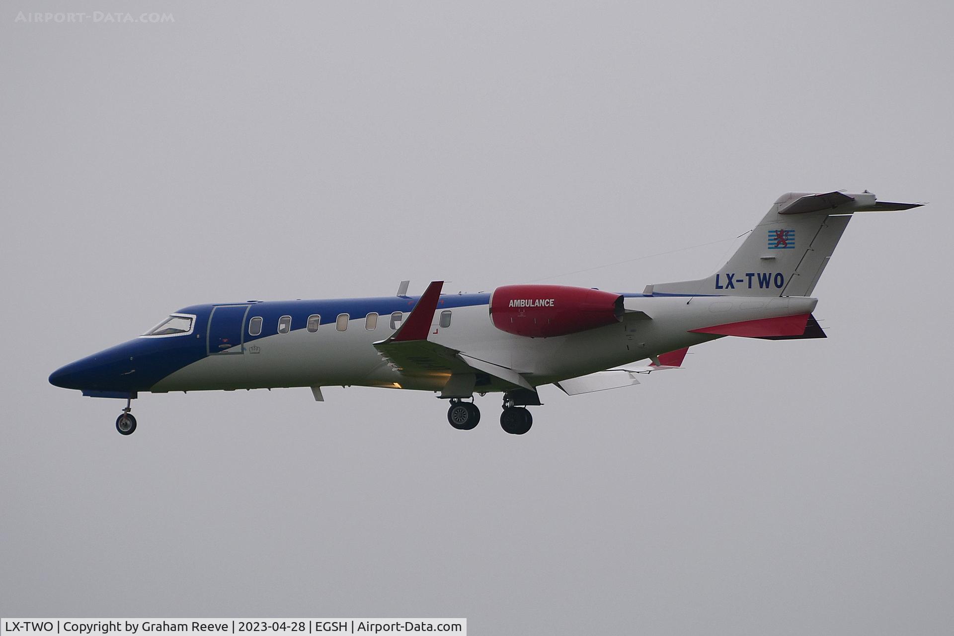 LX-TWO, 2008 Learjet 45 C/N 362, Landing at Norwich.