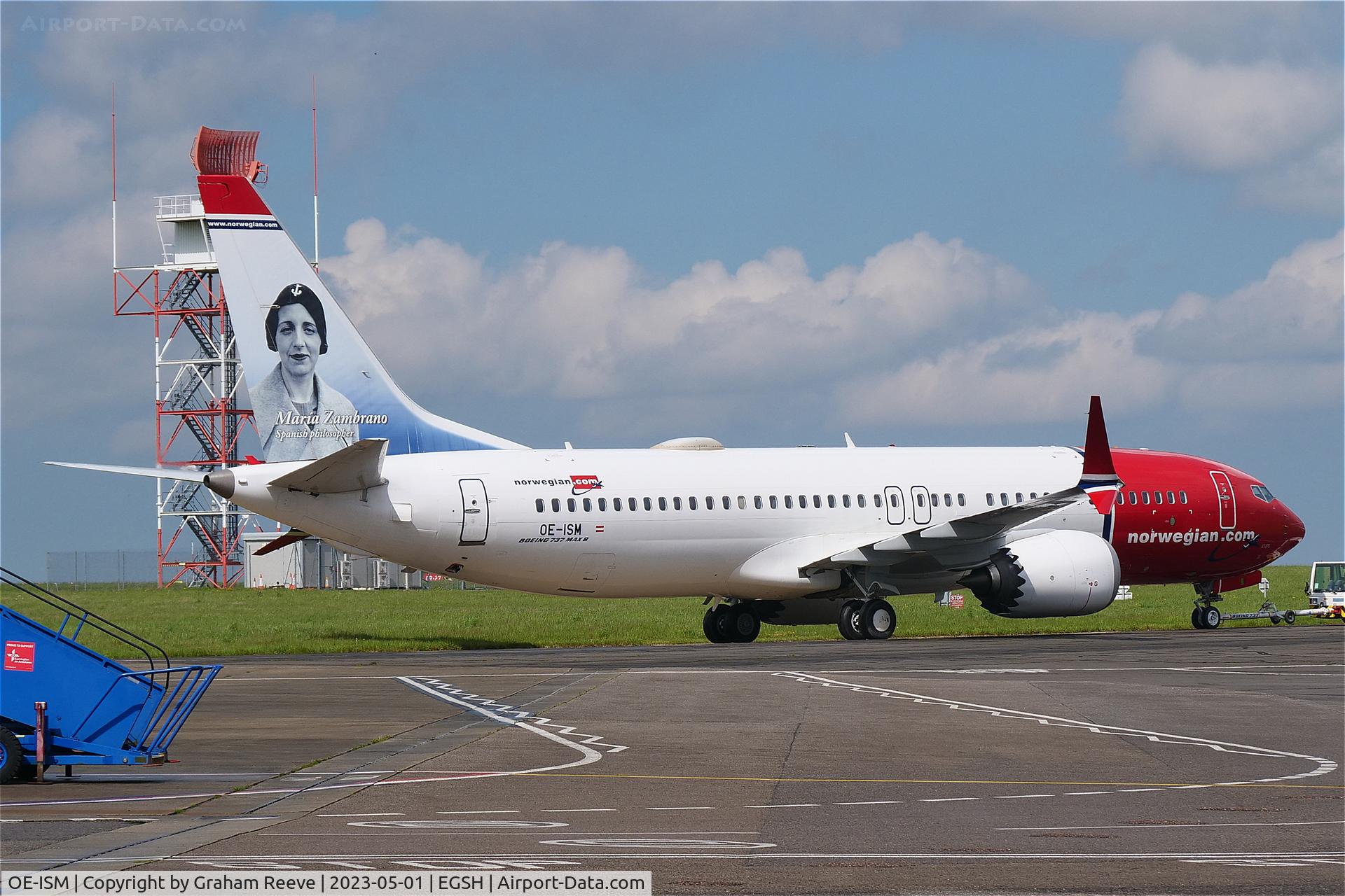 OE-ISM, 2018 Boeing 737-8 MAX C/N 42831, Under tow at Norwich.