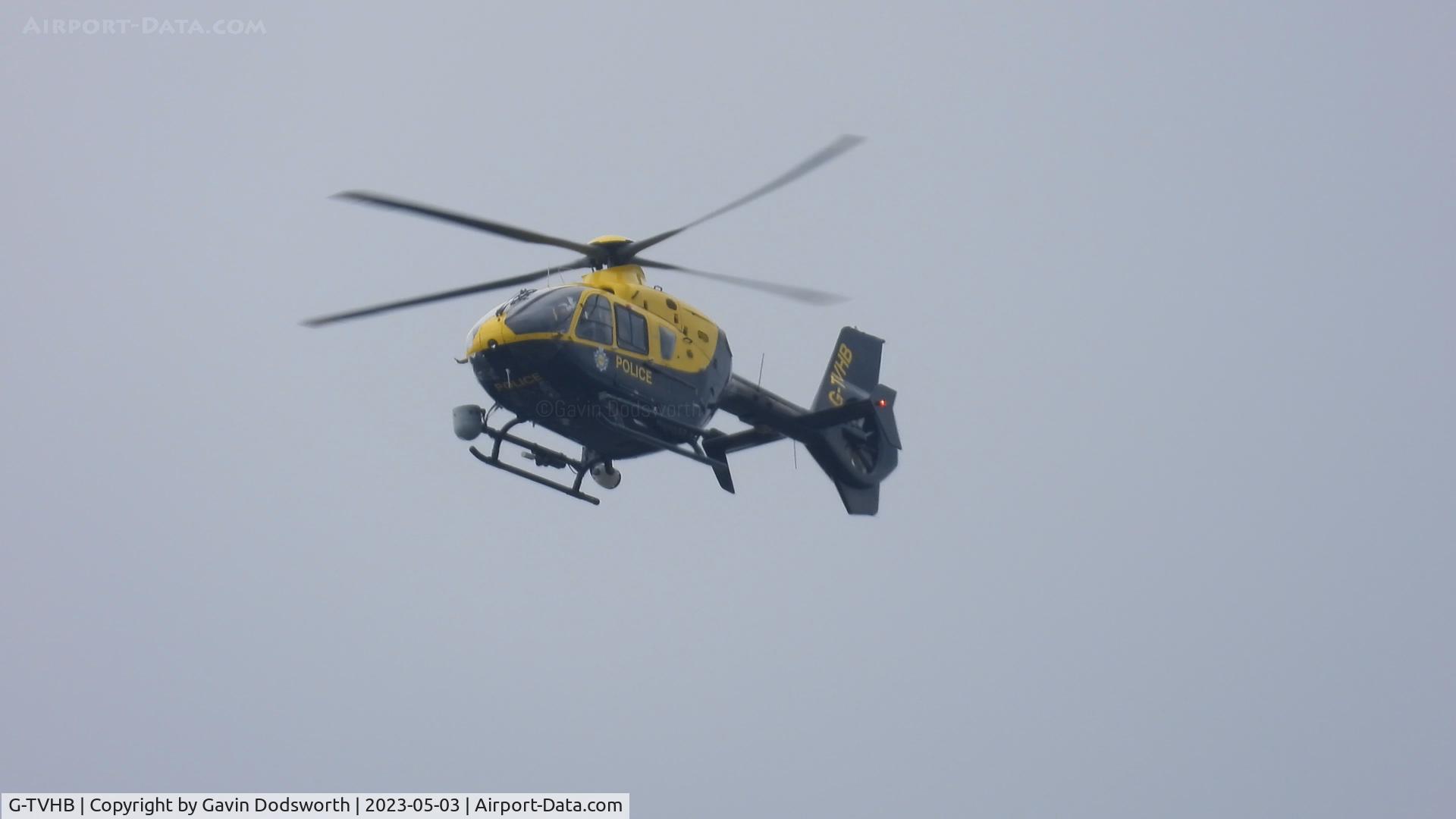 G-TVHB, 2010 Eurocopter EC-135P-2+ C/N 0874, Over Darlington on May 3rd 2023 en route back to Carr Gate from Newcastle Airport.