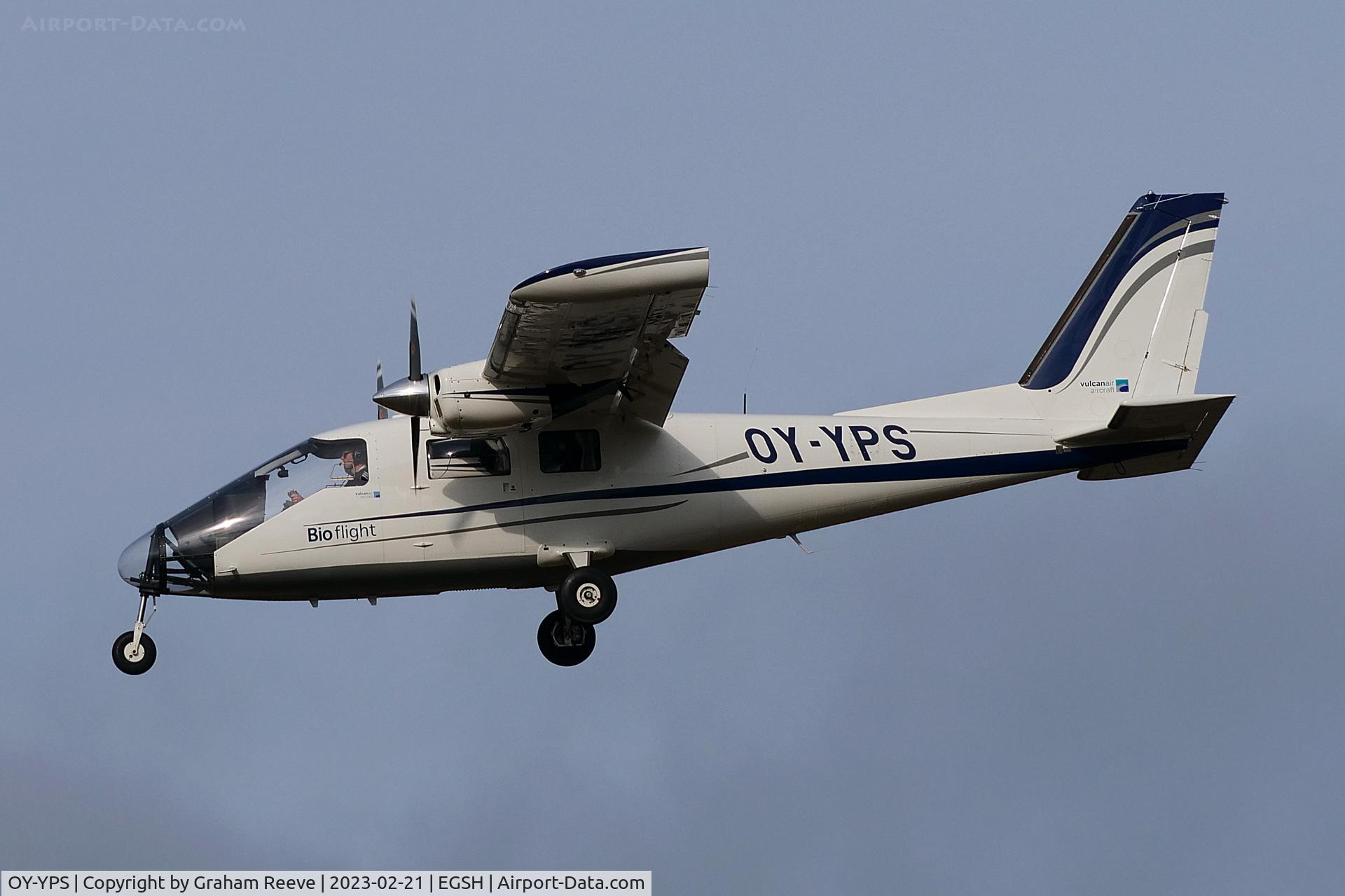 OY-YPS, 2022 Vulcanair P.68 Observer 2 C/N 519/52-OB2, Landing at Norwich.