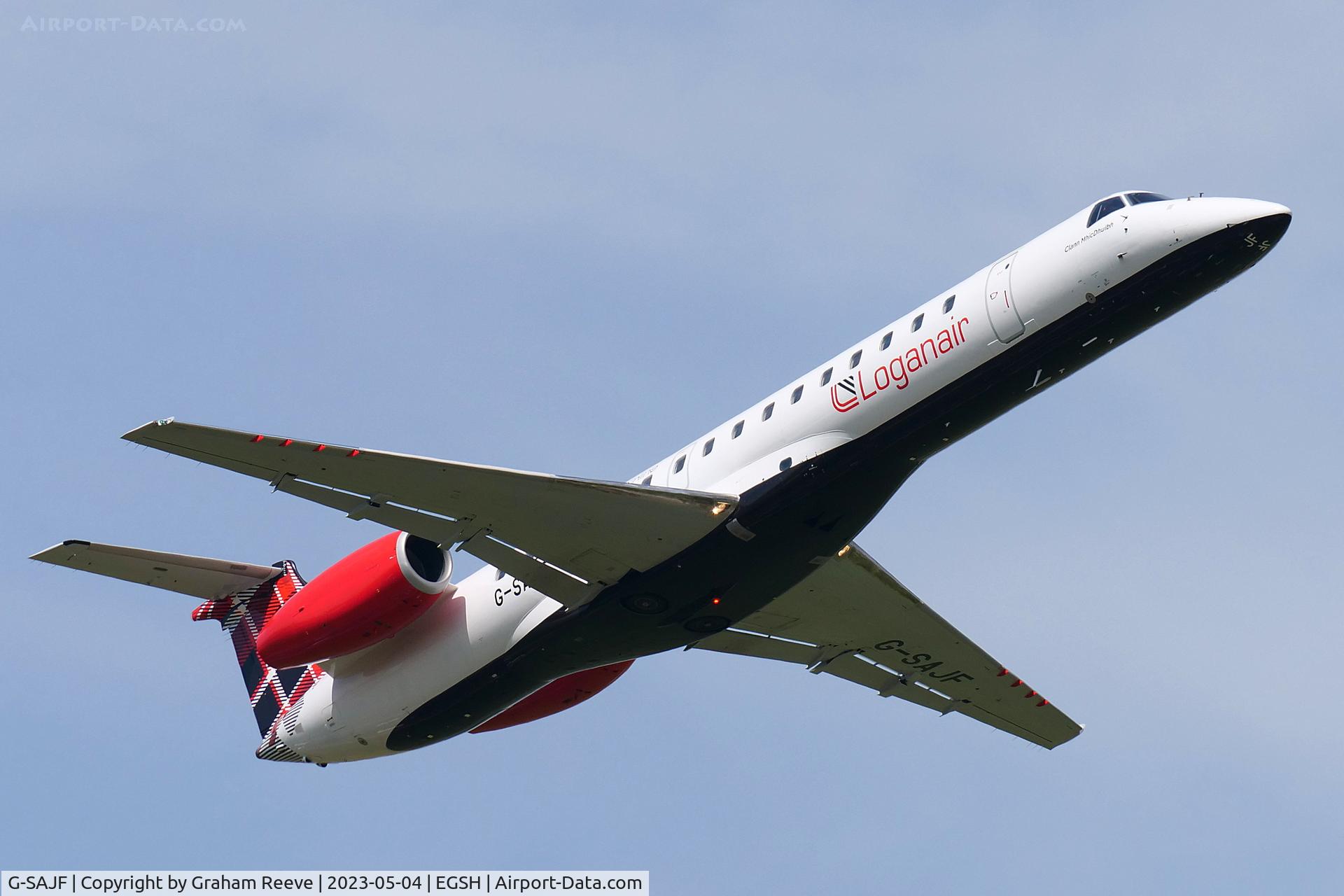 G-SAJF, 2000 Embraer EMB-145EP (ERJ-145EP) C/N 145245, Departing from Norwich.