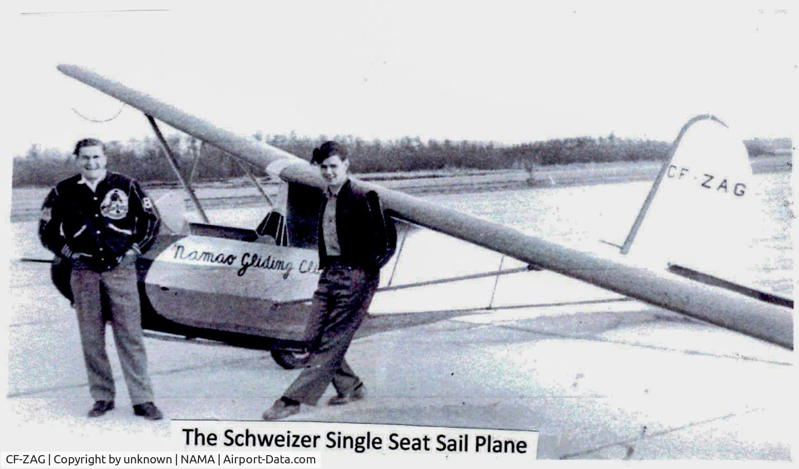 CF-ZAG, 1946 Schweizer SGU 1 19 C/N 31, Mf father's (Mac Hayden) first glider solo was in this Schweizer.  At Namao sometime in the late 1950's.