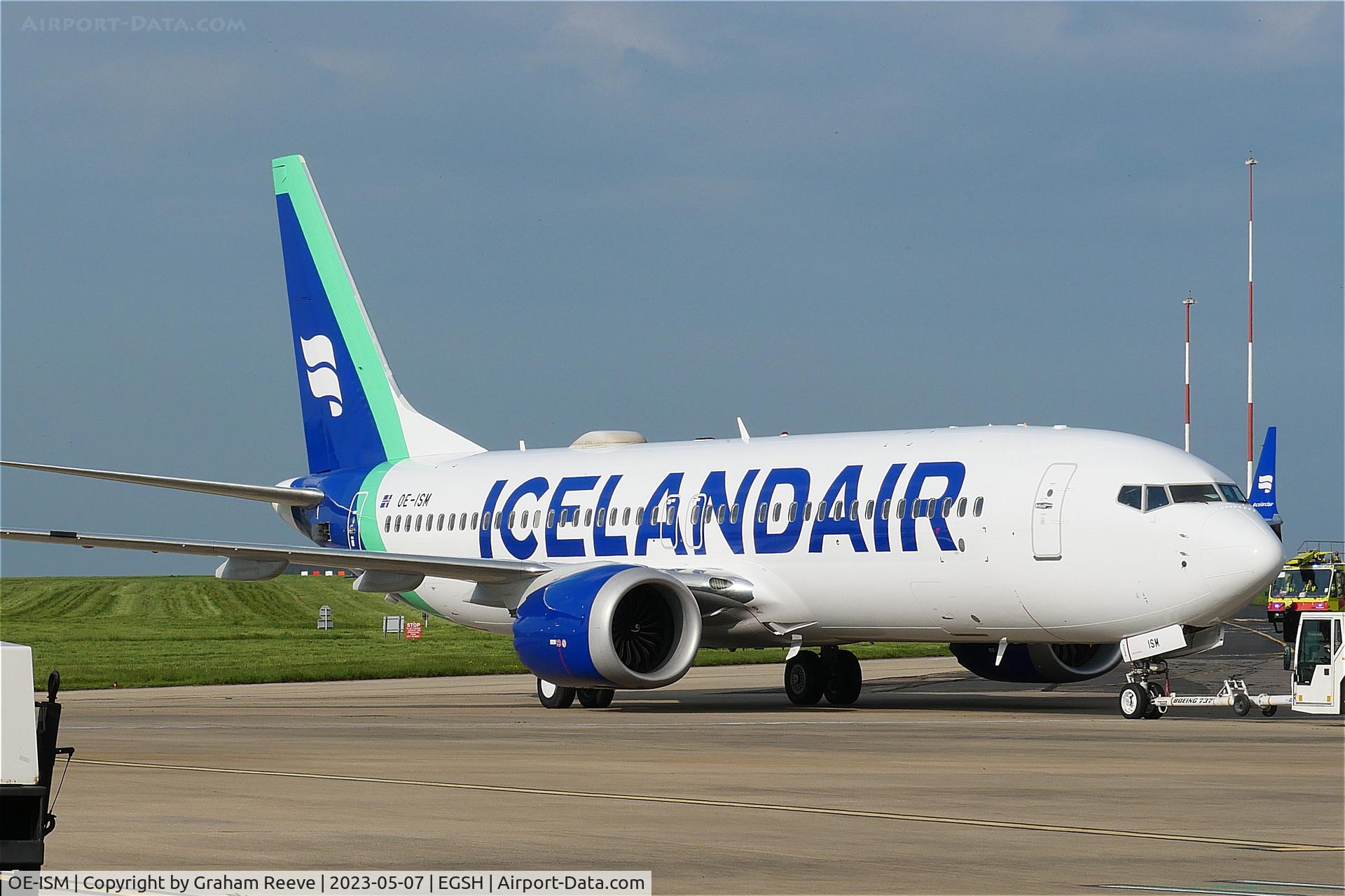 OE-ISM, 2018 Boeing 737-8 MAX C/N 42831, Under tow at Norwich.