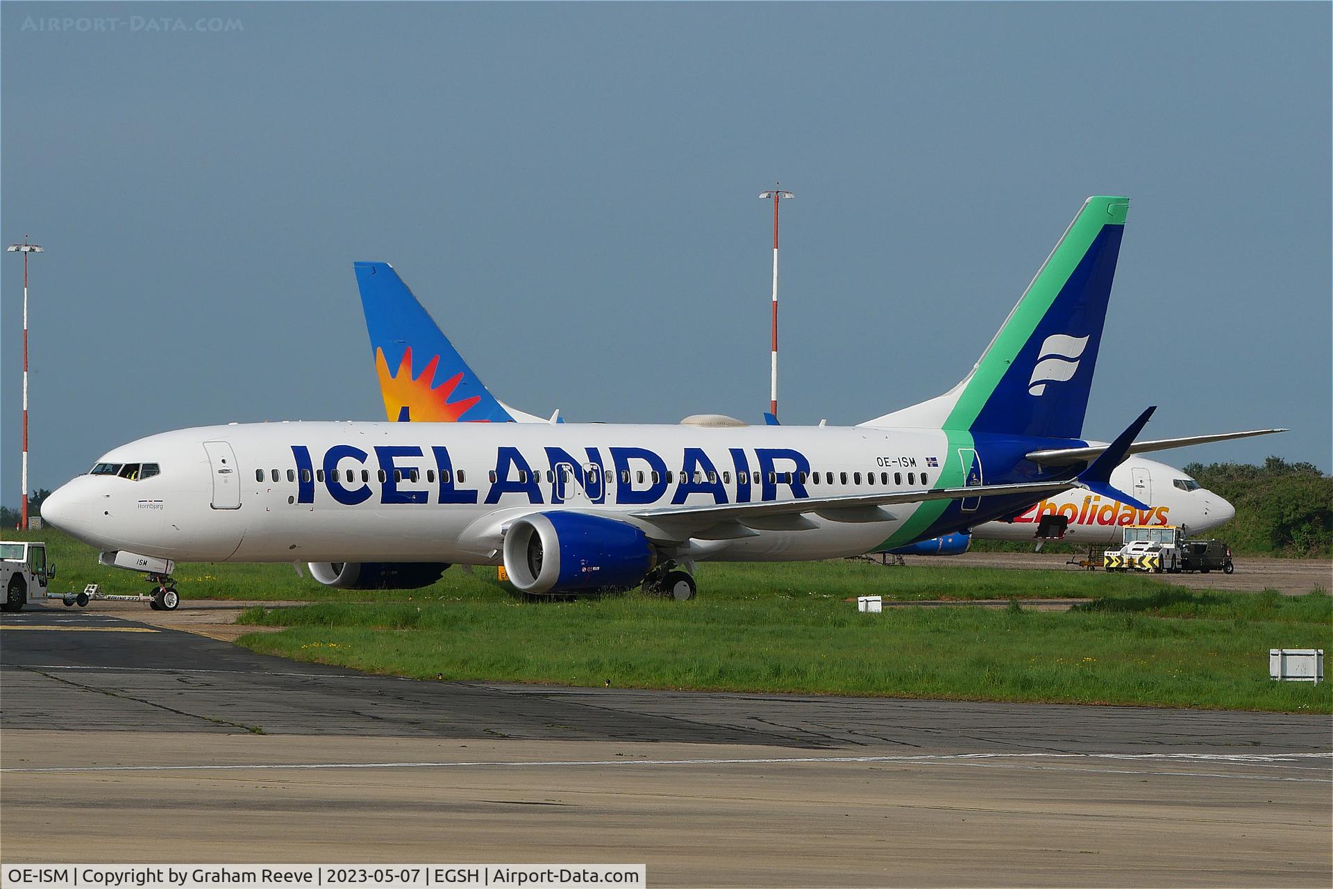 OE-ISM, 2018 Boeing 737-8 MAX C/N 42831, Under tow at Norwich.