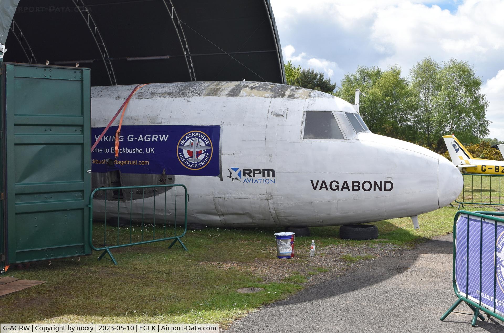 G-AGRW, Vickers 639 Viking 1 C/N 115, Vickers 639 Viking 1 fuselage in a small hangar at Blackbushe. To be restored. Ex BEA, Hunting Clan, Overseas Aviation and Autair.