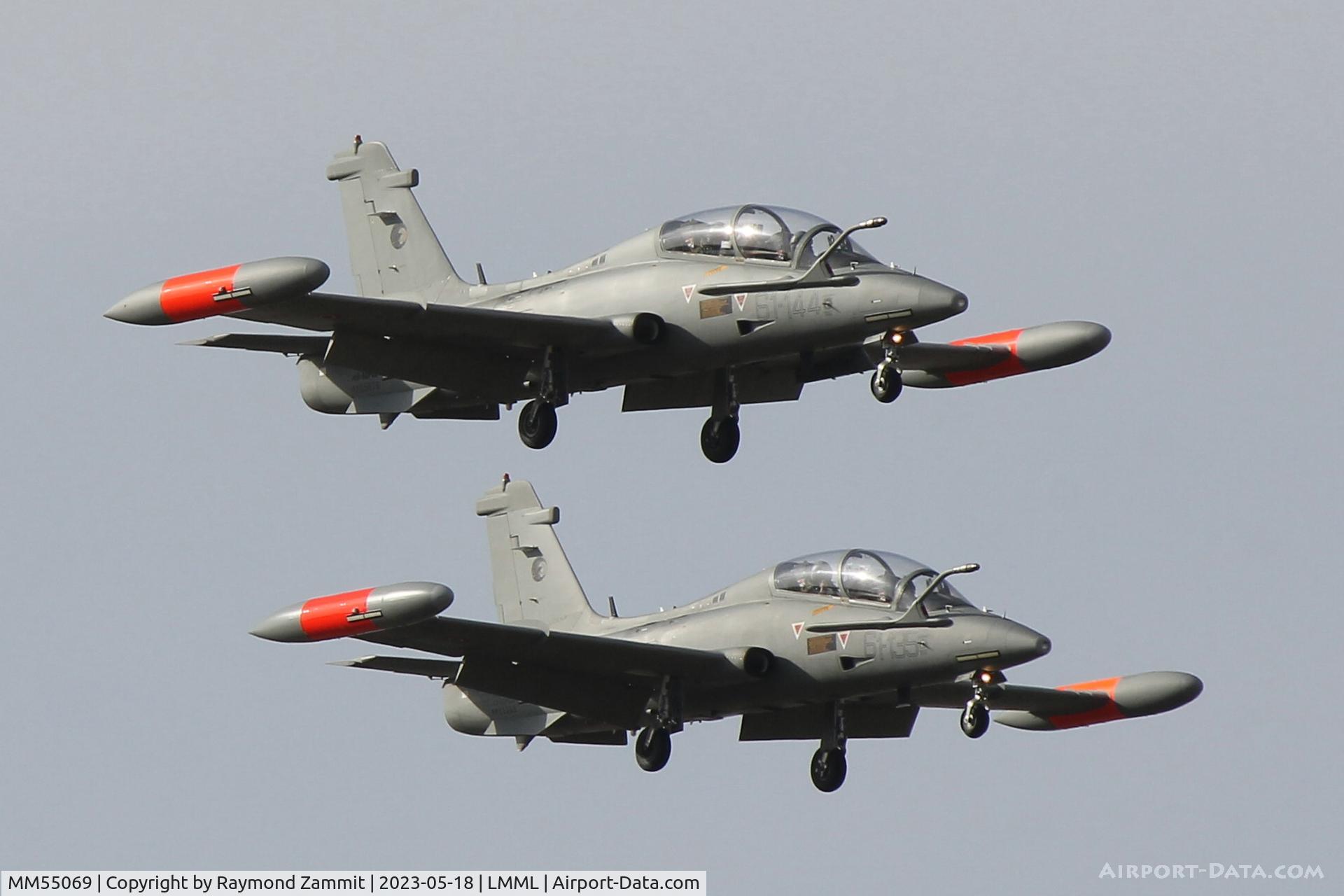 MM55069, Aermacchi MB-339CD C/N 6871/201/CD008, Aeromacchi MB-339CDs, MM55069/61-135 and MM55076/61-144 of the Italian Air Force landing on RW13 Malta on a Navigitional Flight.