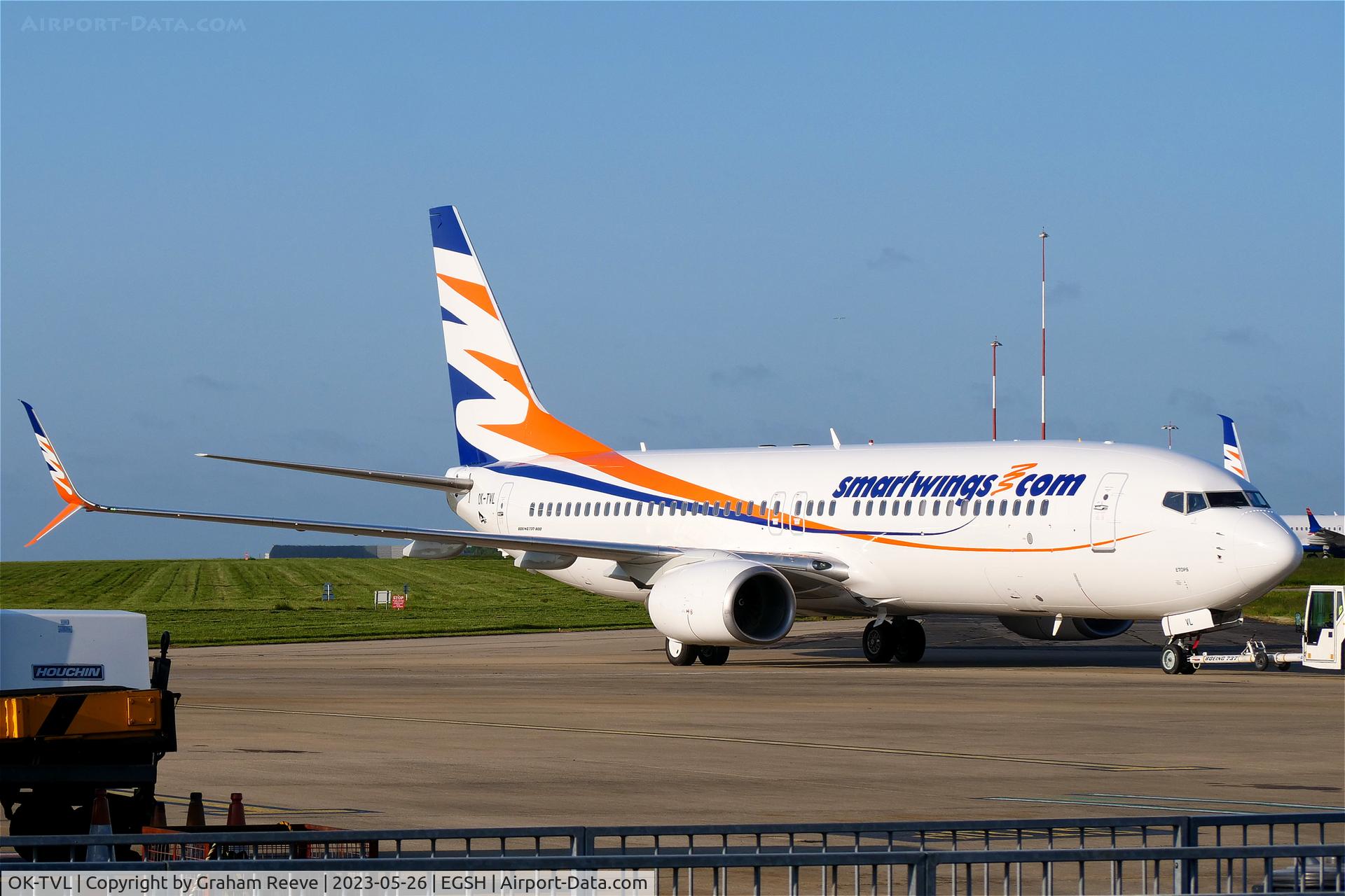 OK-TVL, 2010 Boeing 737-8FN C/N 37076, Under tow at Norwich.