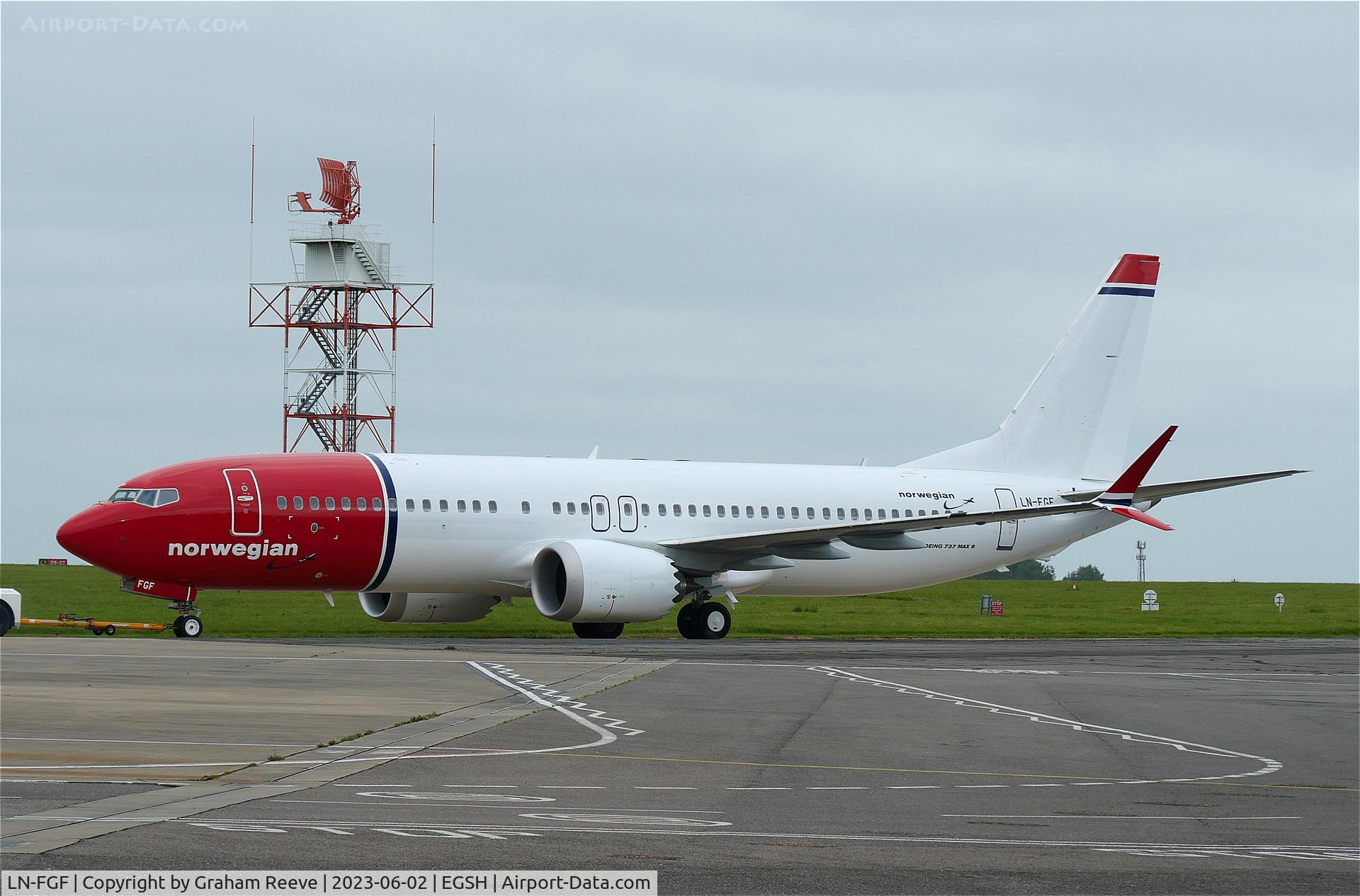LN-FGF, 2022 Boeing 737-8 MAX C/N 43324, Under tow at Norwich.